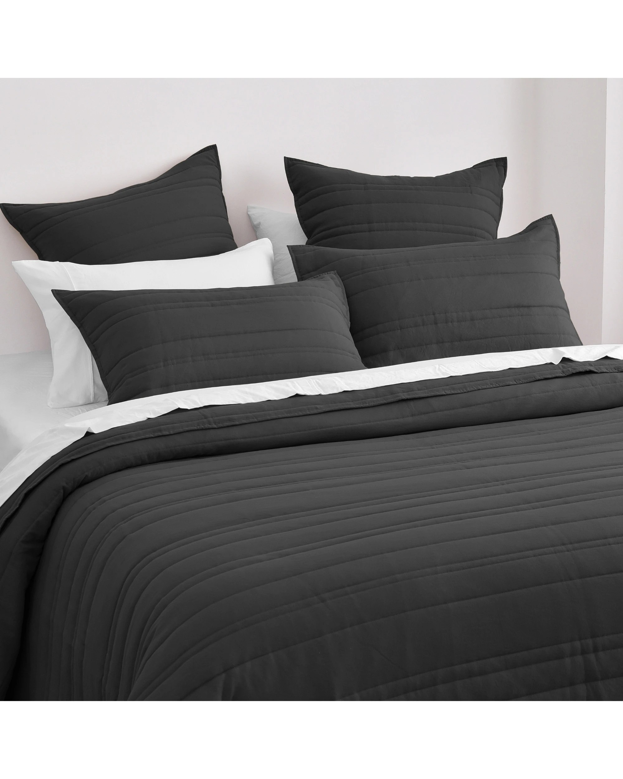 2 Dreamaker Superfine Washed Microfibre Stripe Quilted Coverlet Set - Super King Bed - Black, 2 of 7