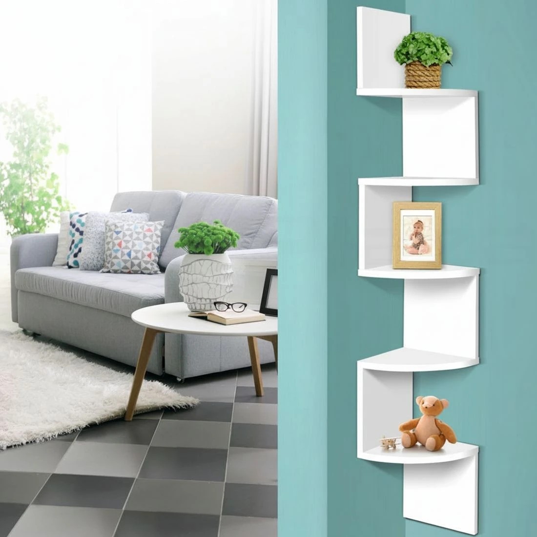 8 Artiss Wall Shelf Corner Floating 5-Tier Display Storage Space Saving Modern Decor Easy Install Sturdy - White, 8 of 8