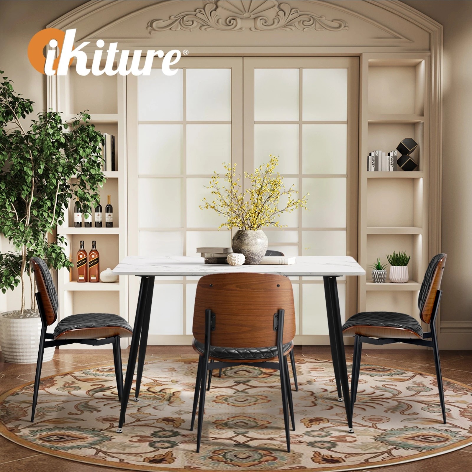 6 Oikiture 120cm Rectangle Dining Table with 4PCS Dining Chairs PU - Black, 6 of 9