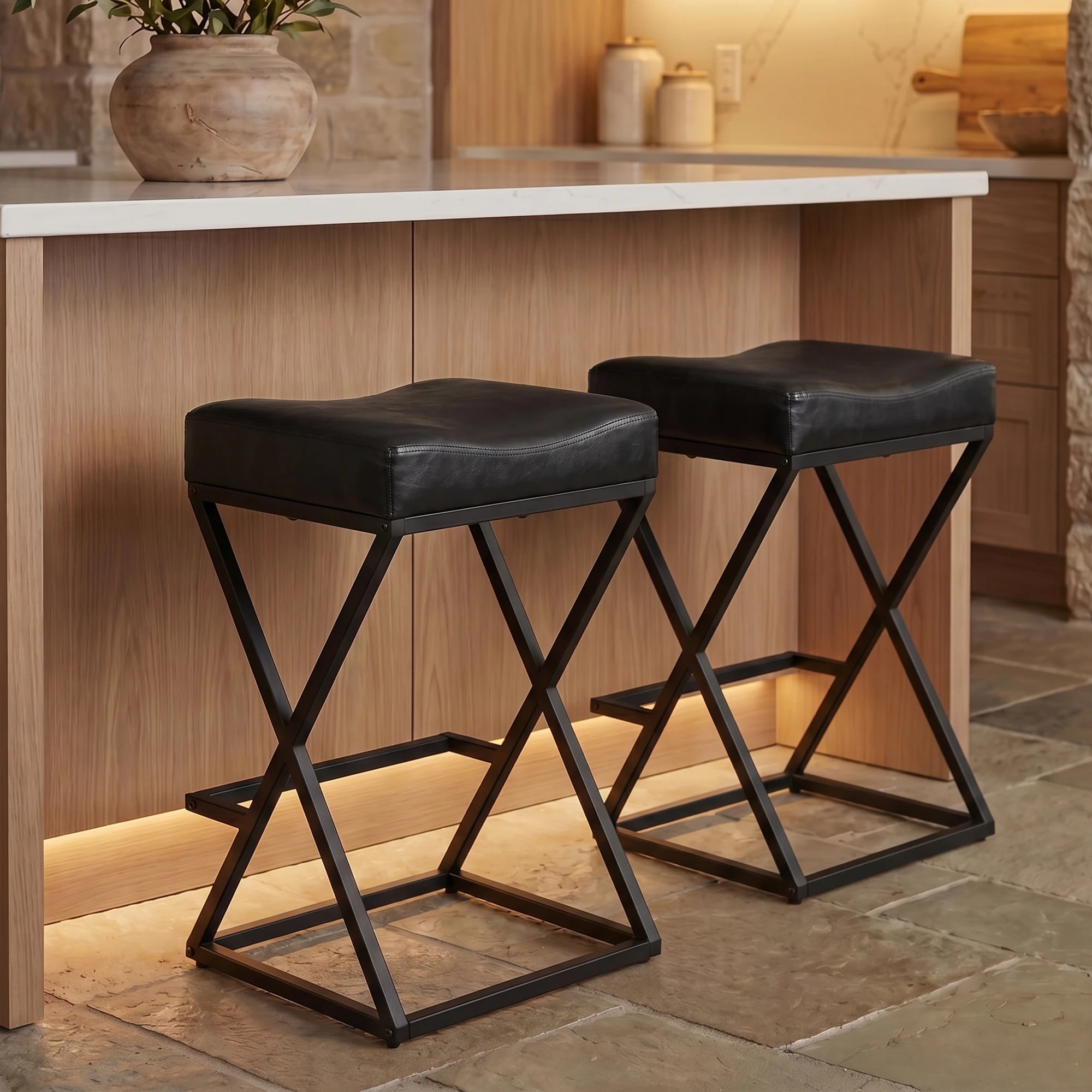 3 Advwin Bar Stools Set of 2 PU Leather Kitchen Counter Stools w/ U-Shape Cushion & Footrest - Black, 3 of 7