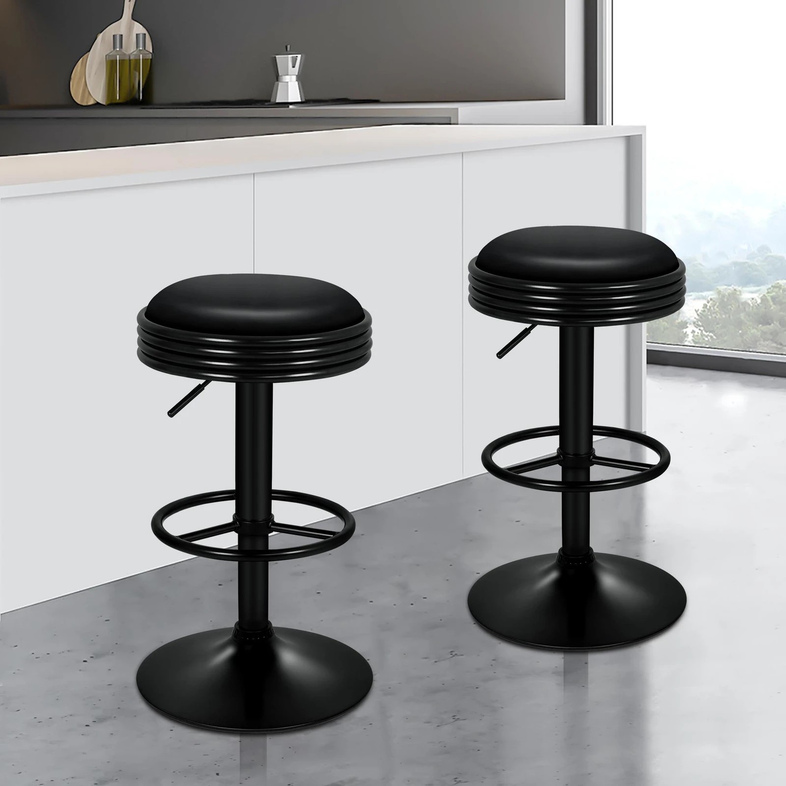 5 Alfordson 2x Bar Stools Sade Kitchen Swivel Chair Leather Gas Lift - All Black, 5 of 10