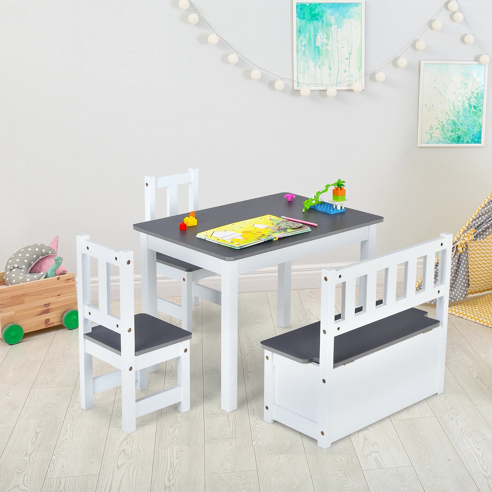 5 Costway 4PCS Kids Table Chairs Toy Storage Box Bench Set, 5 of 6