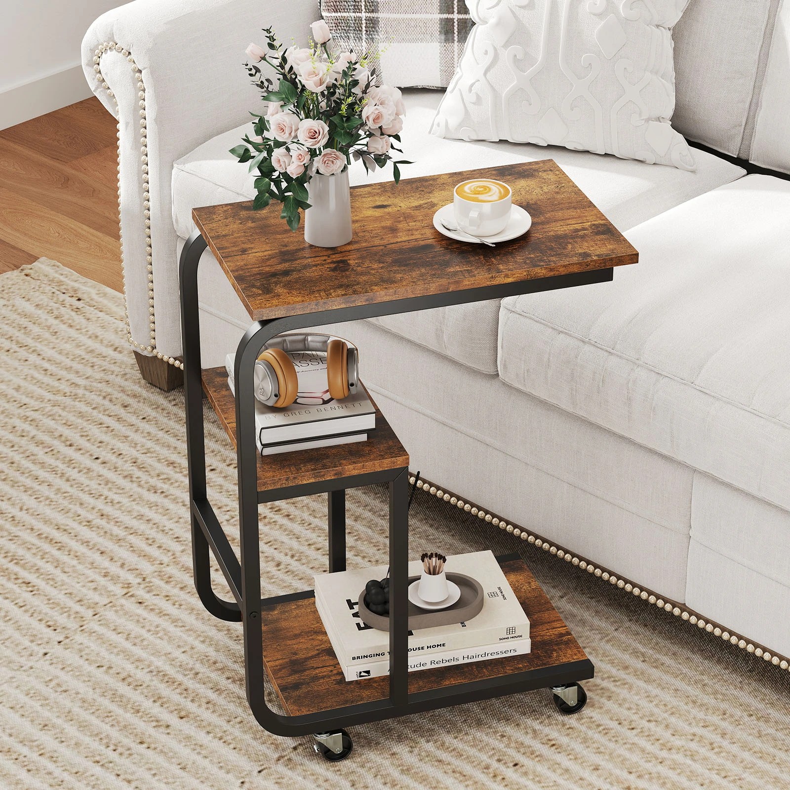 2 Costway C-shaped End Table Industrial Sofa Side Table w/Open Shelves Metal Frame, 2 of 4