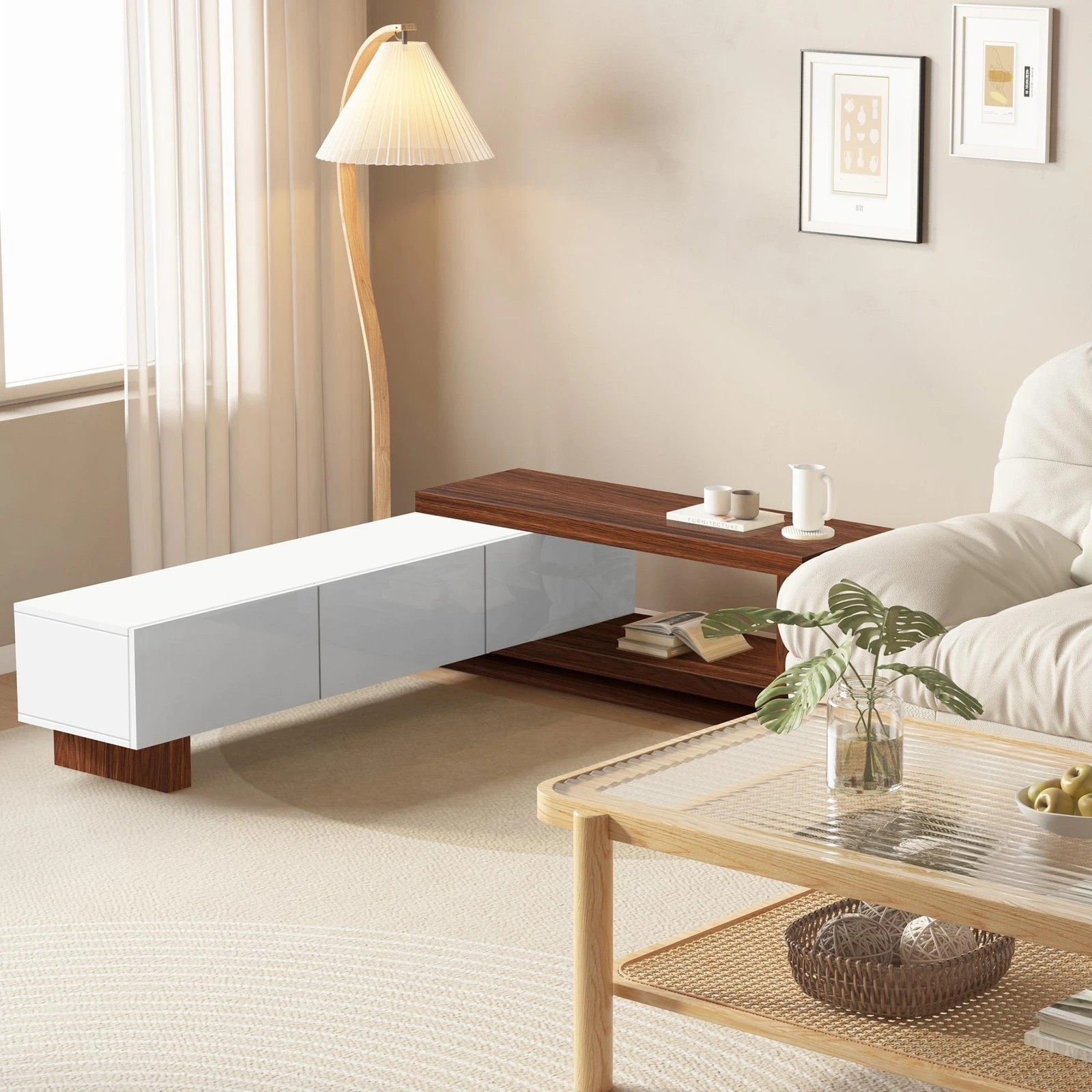 8 Alfordson 190-280cm Extendable Entertainment Unit TV Stand Cabinet Drawer - Walnut White, 8 of 9