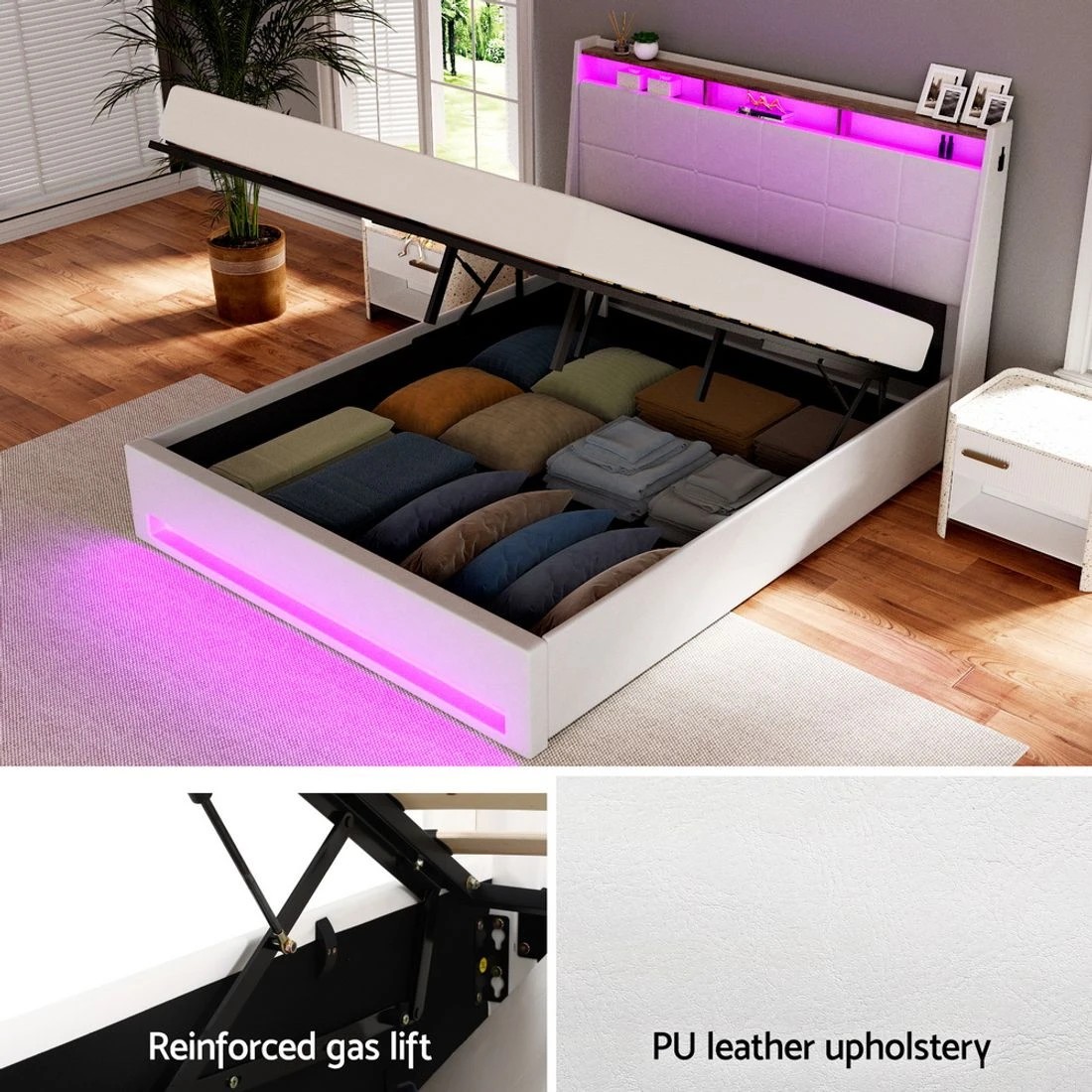5 Artiss Bed Frame Gas Lift LED Beds Base Platform  PVC Leather Storage Headboard - White, 5 of 7