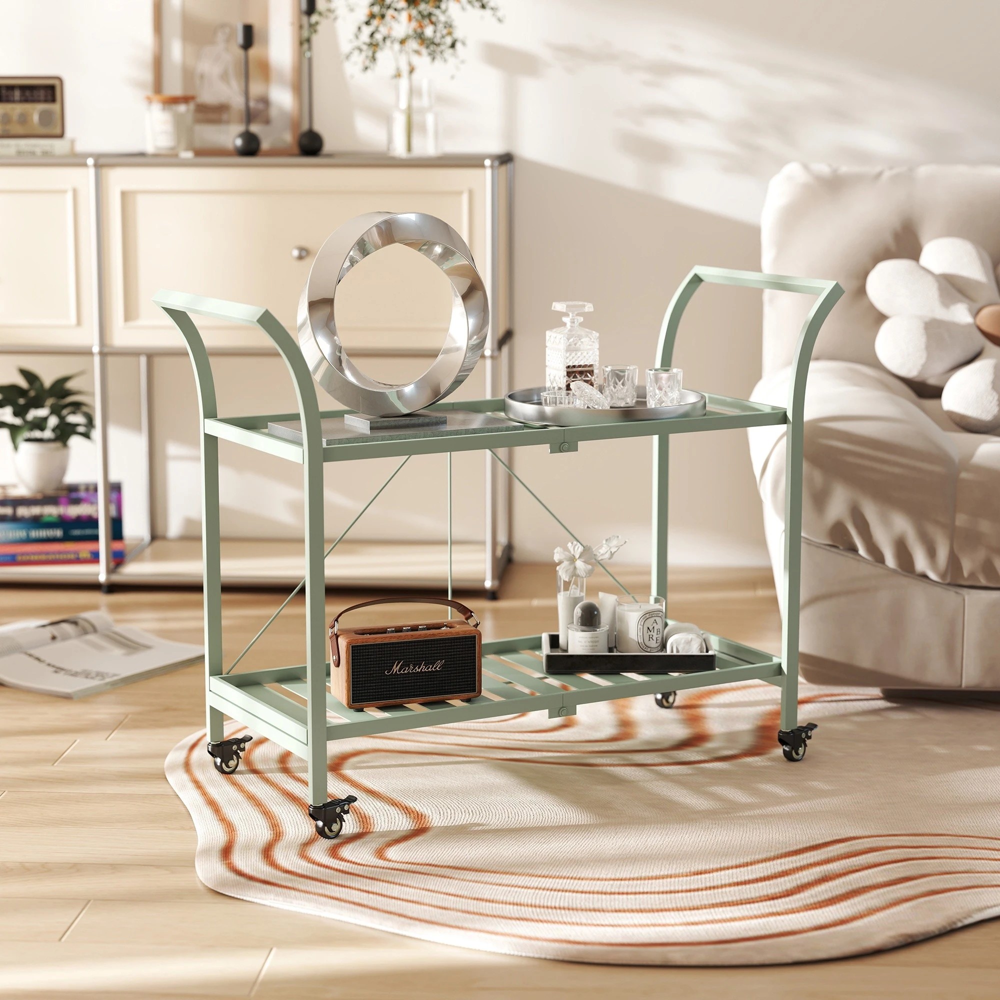 1 Hamptons 2 Tier Metal Bar Cart - Green, 1 of 5