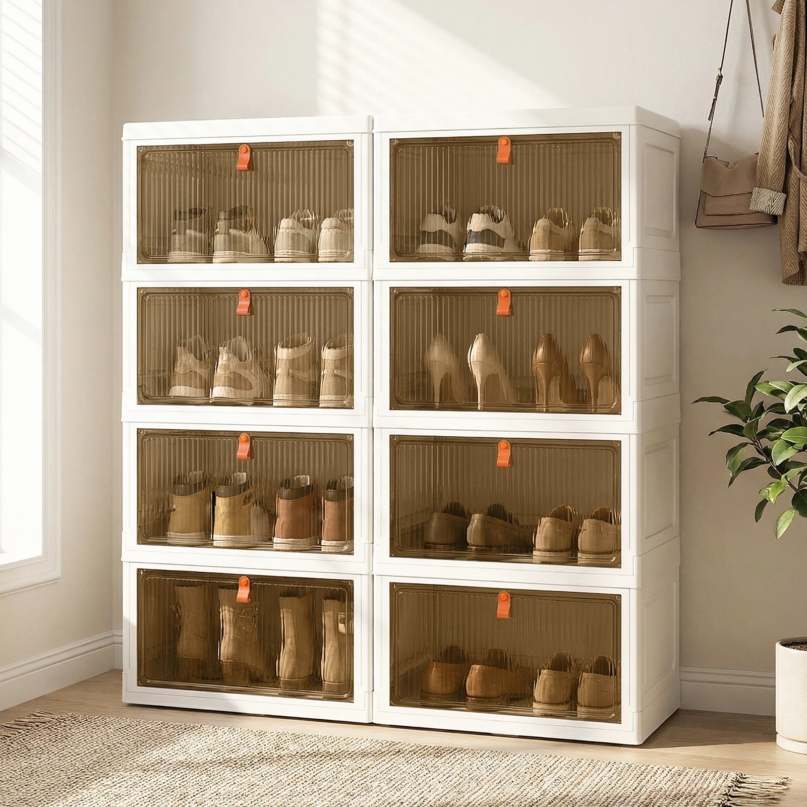 3 Costway 4-Tier Foldable Shoe Rack Mobile Organiser Closet Container Stackable Storage Bins w/Lid - White, 3 of 5