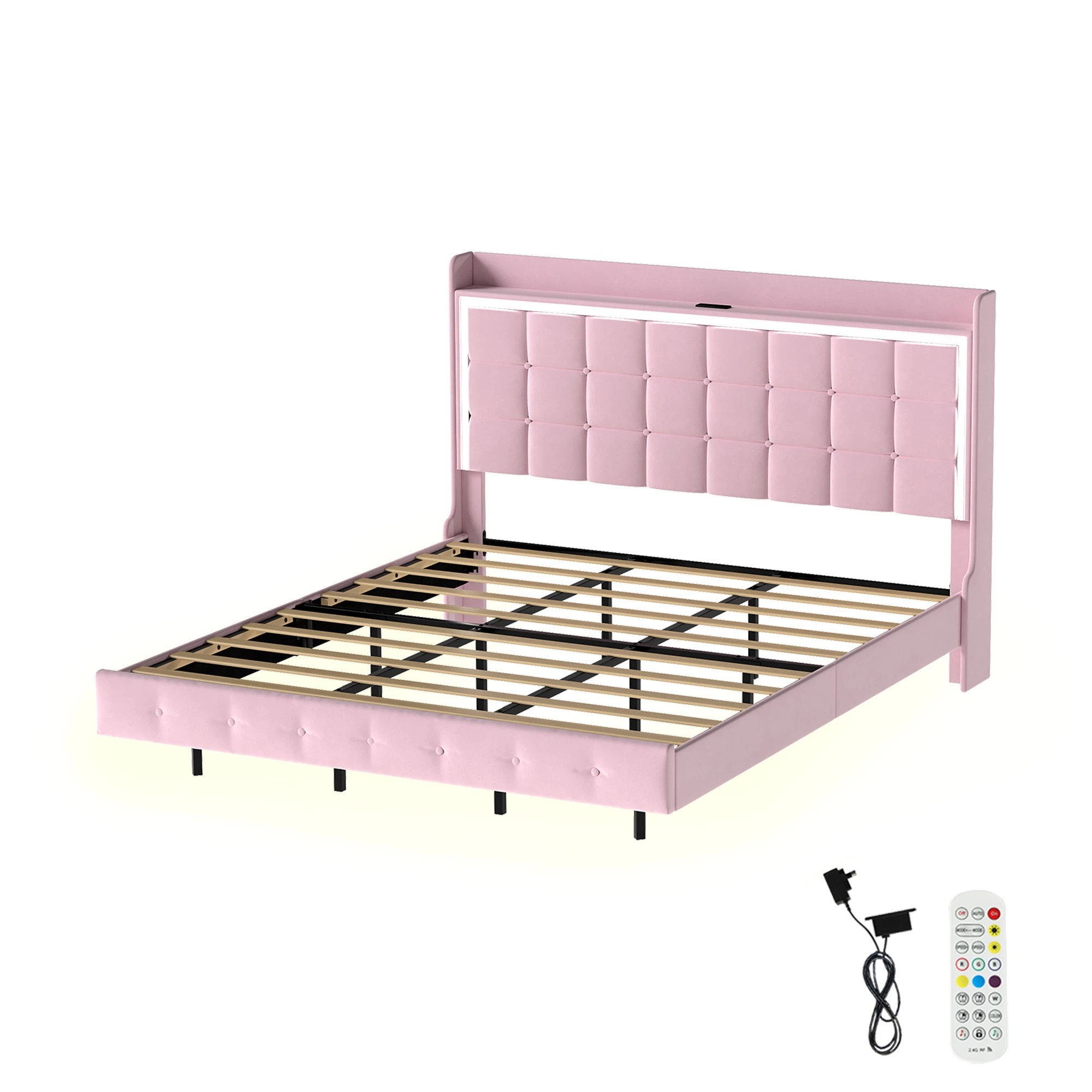 1 Levede King  Bed Frame with LED and Charging Station - Pink, 1 of 9