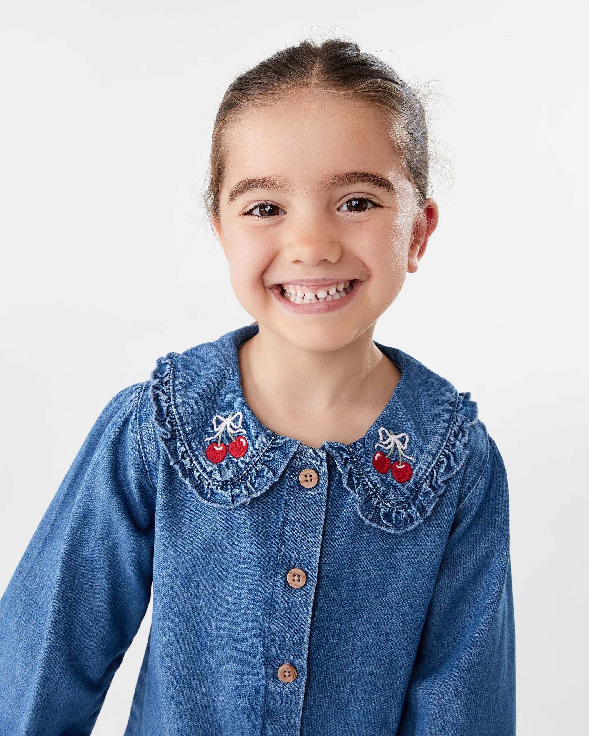 3 Long Sleeve Denim Frill Shirt Red Cherry, 3 of 9