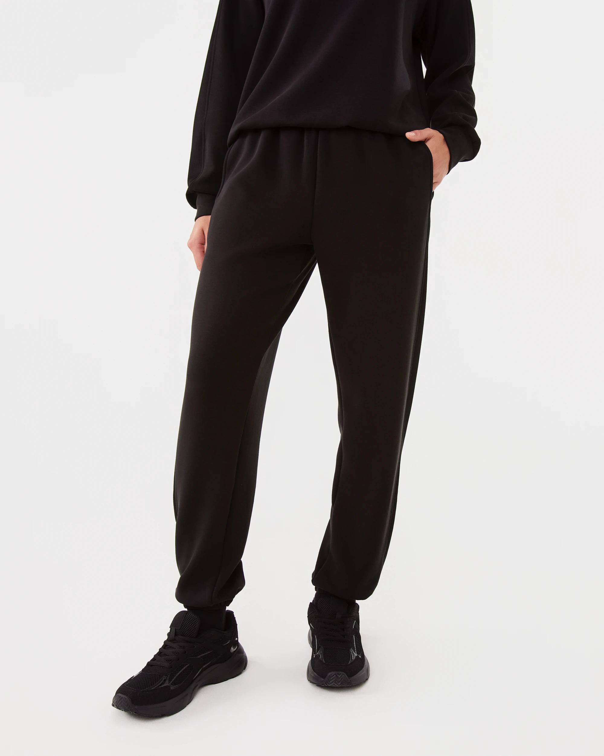 1 Active Womens Soft Modal Ribbed Panel Trackpants Black, 1 of 6