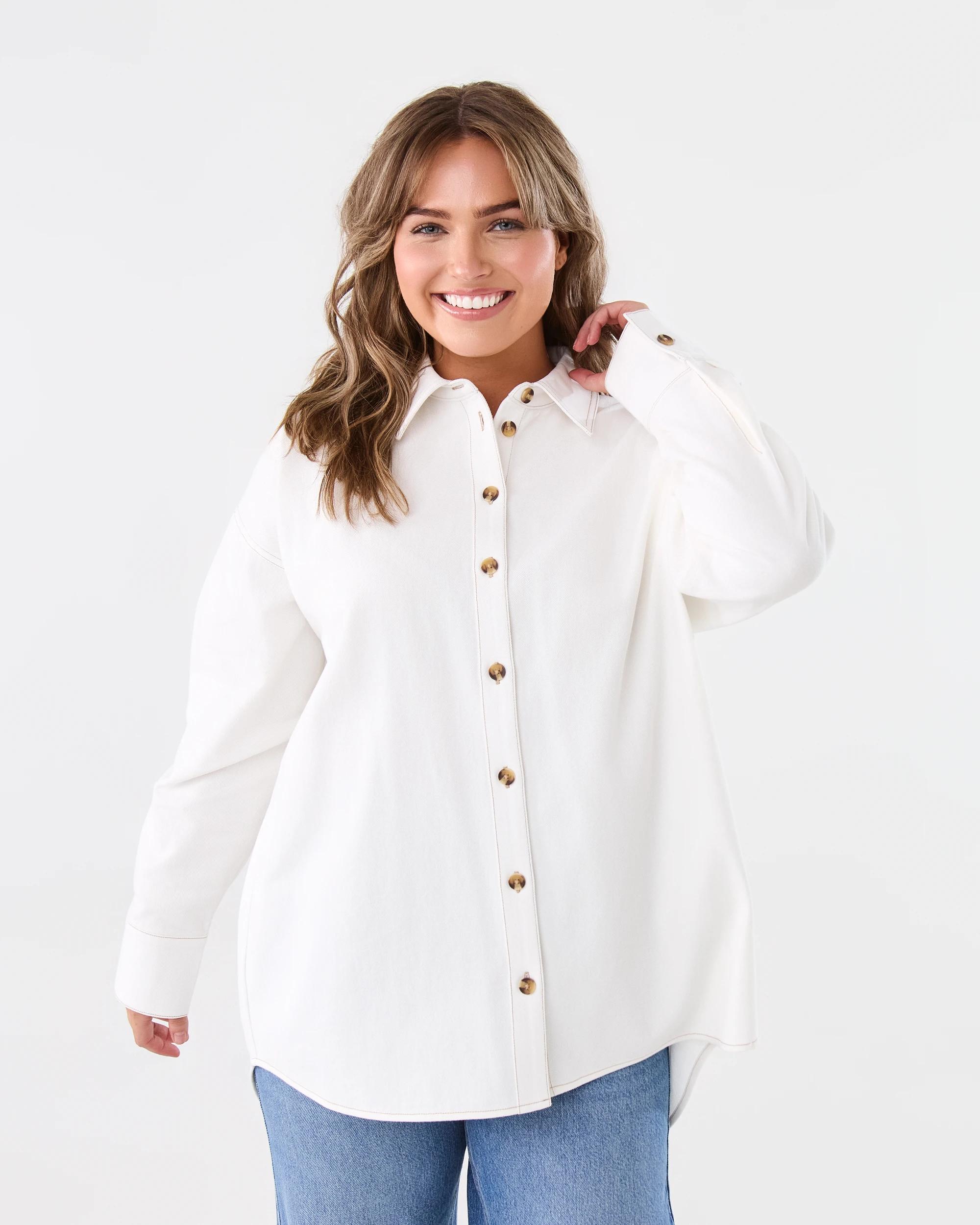 1 Long Sleeve Oversized Denim Shirt Ecru, 1 of 7