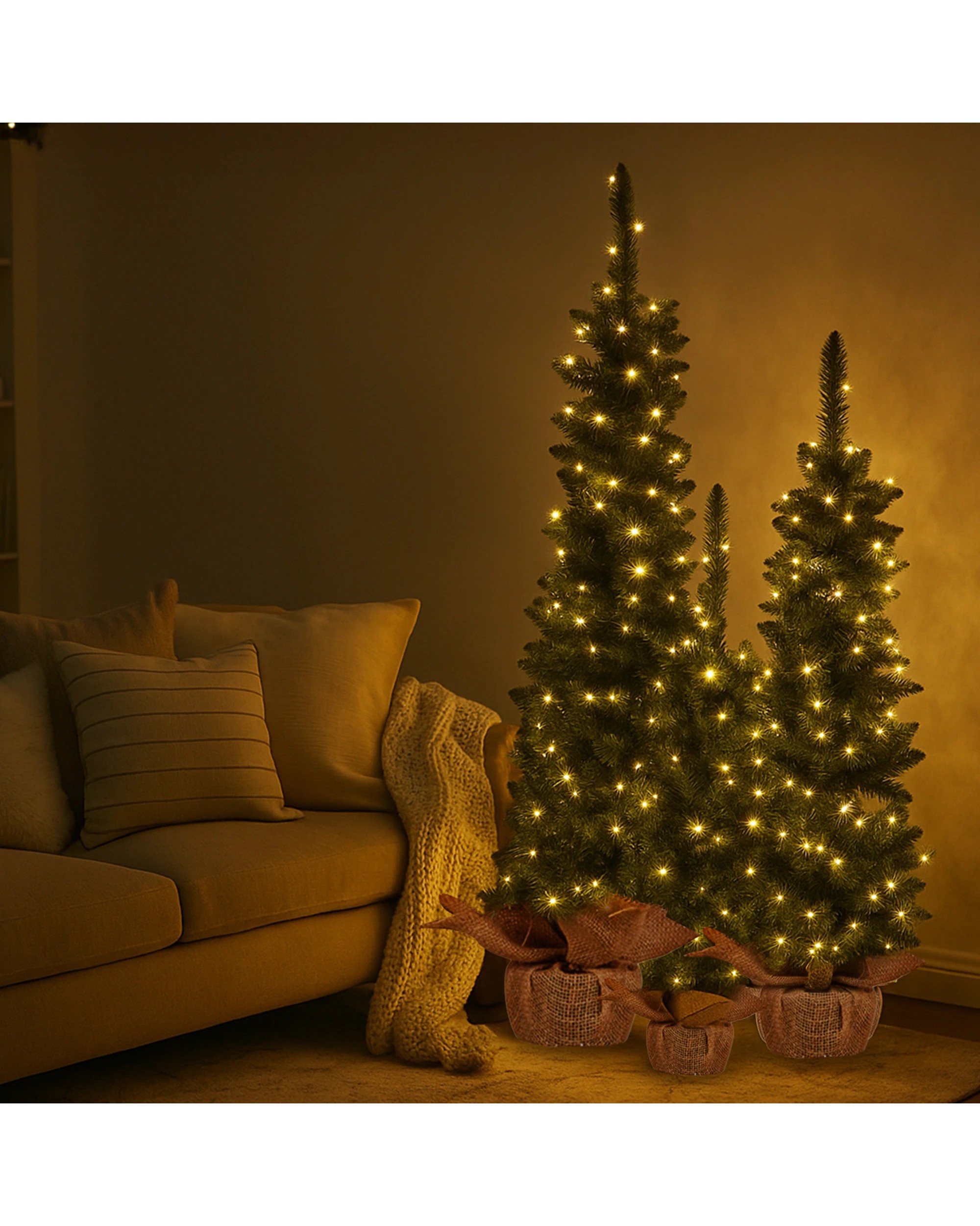 8 Christabelle Set Of 3 Pre-lit Christmas Trees Green Pine Led Lights Hessian Base Individual Plugs Varying Heights, 8 of 9