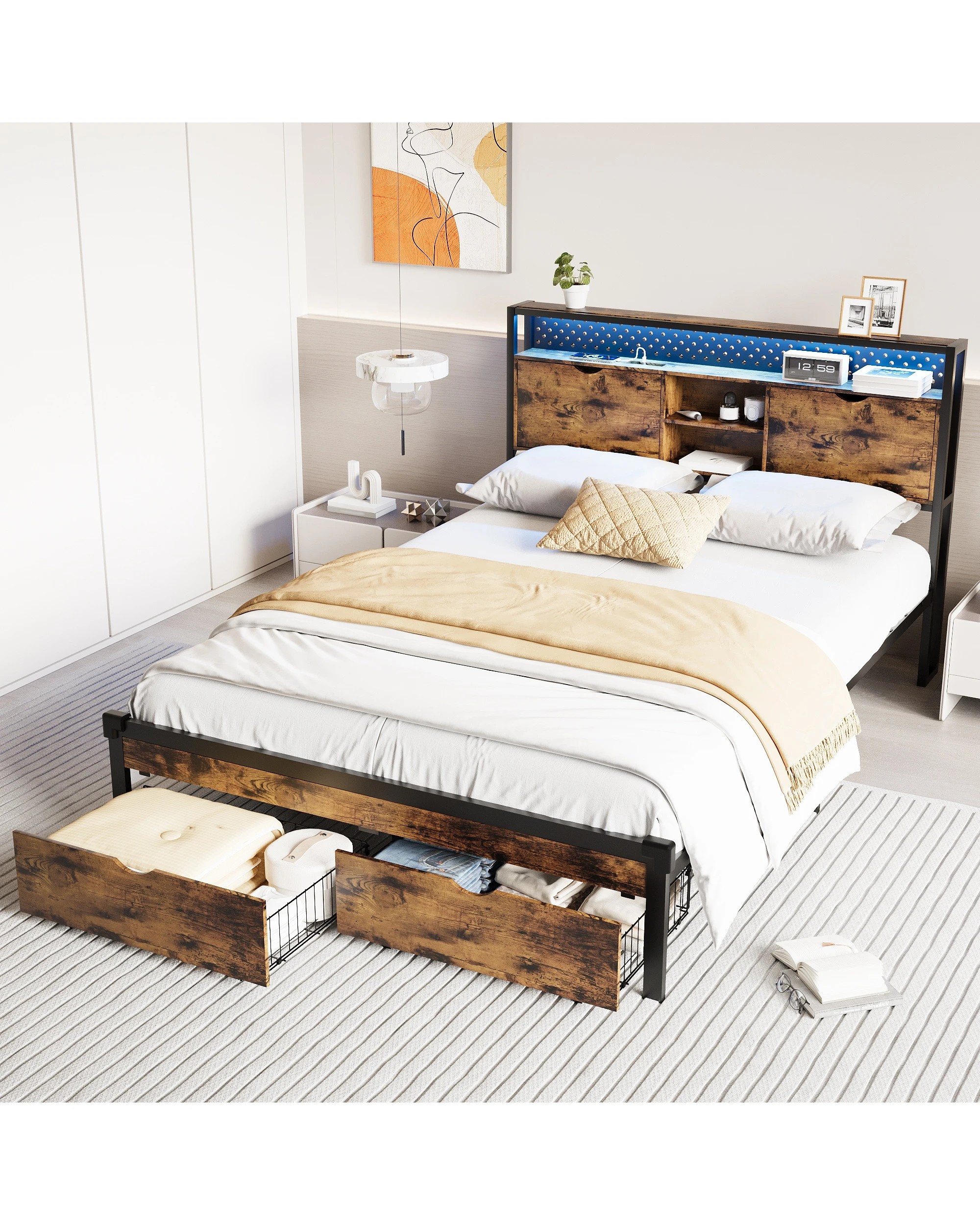 2 Advwin Queen Bed Frame with 2 Storage Drawers & LED Lights & Charging Station - Brown, 2 of 7