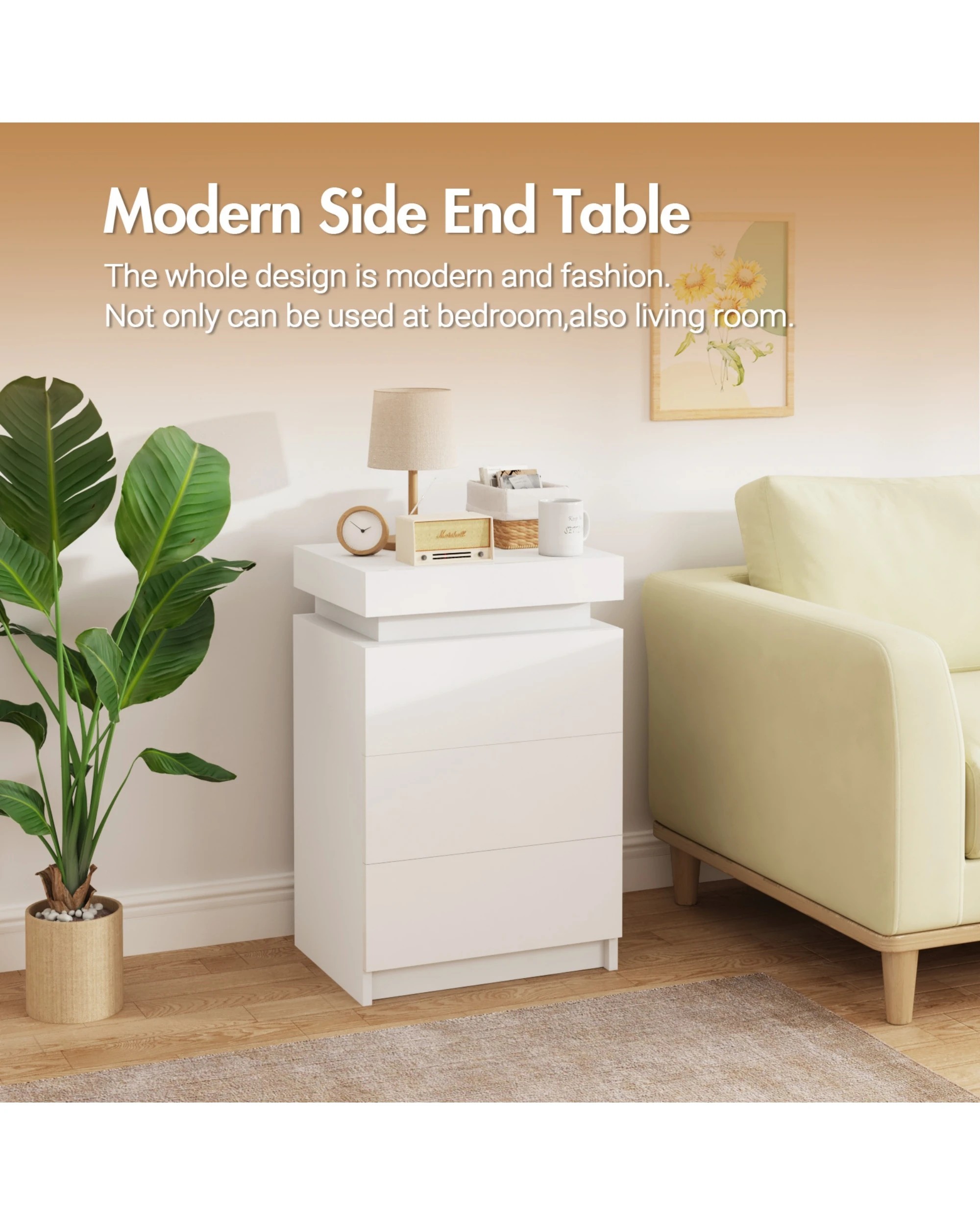 8 Advwin Led Nightstand With 3  Drawers And Hidden Storage
 - White, 8 of 9