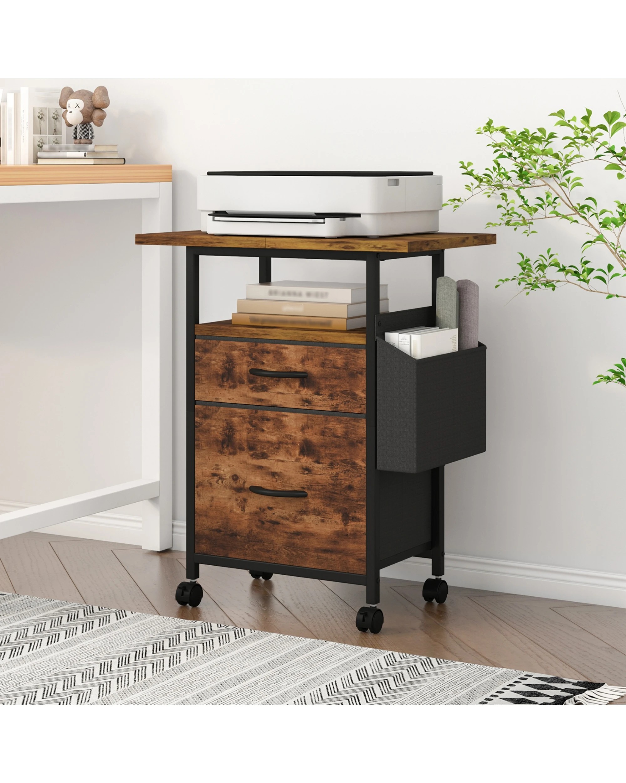 3 Advwin Mobile File Cabinet with Extended Desktop 2 Drawers & Fabric Side Bag - Brown, 3 of 10