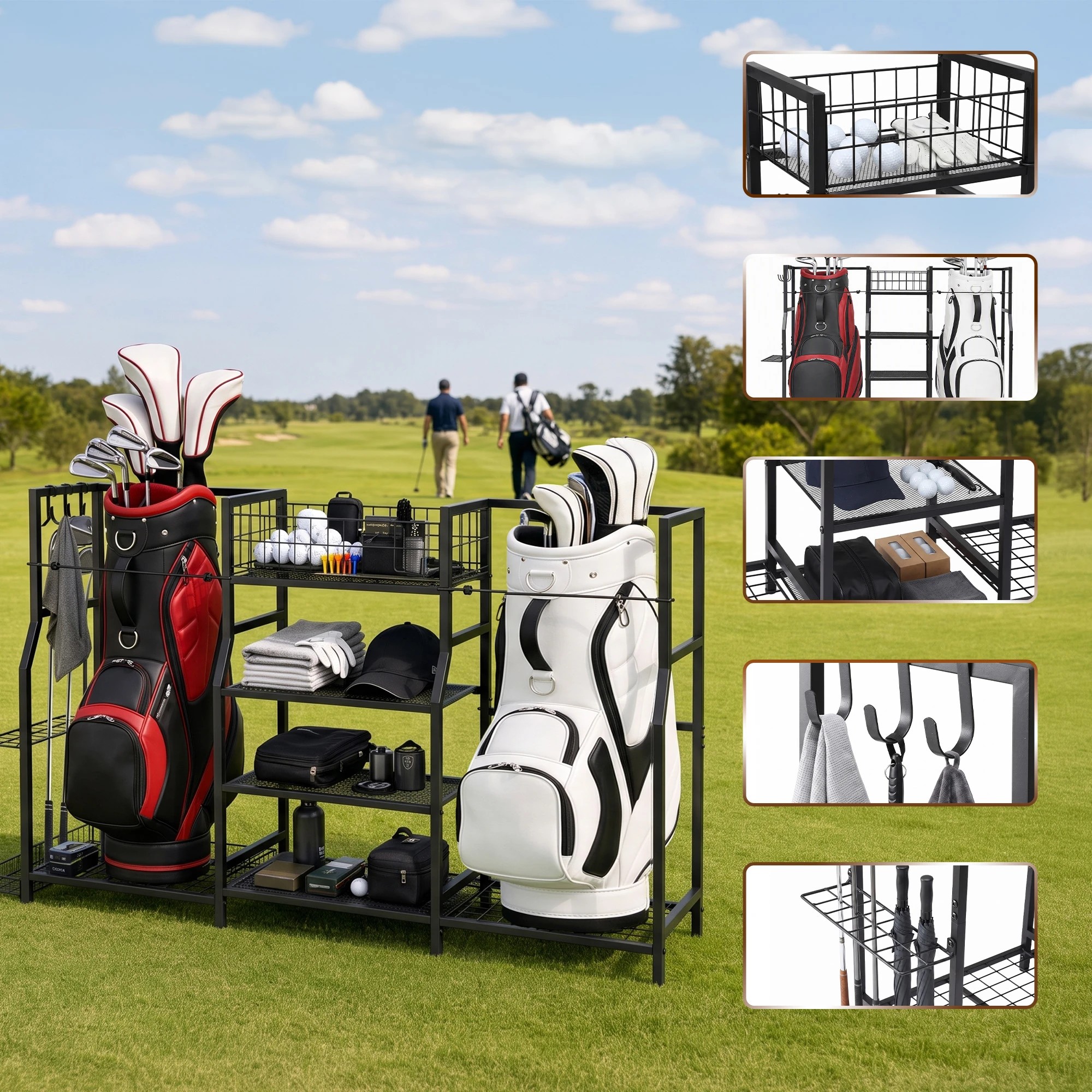 4 Everfit Golf Bag Storage Golfing Equipment Rack Holds 2 Bags 16 Clubs - Black, 4 of 8