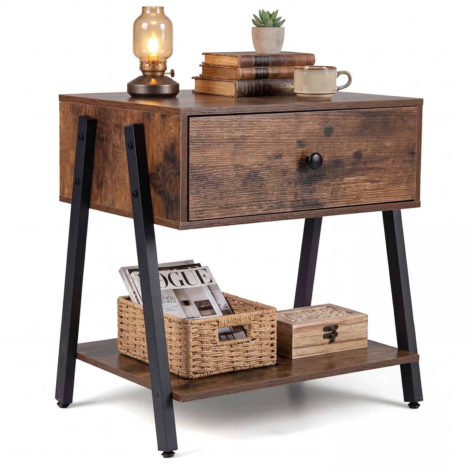 6 Costway Industrial Nightstand w/Drawer Wooden Bedside End Table, 6 of 6