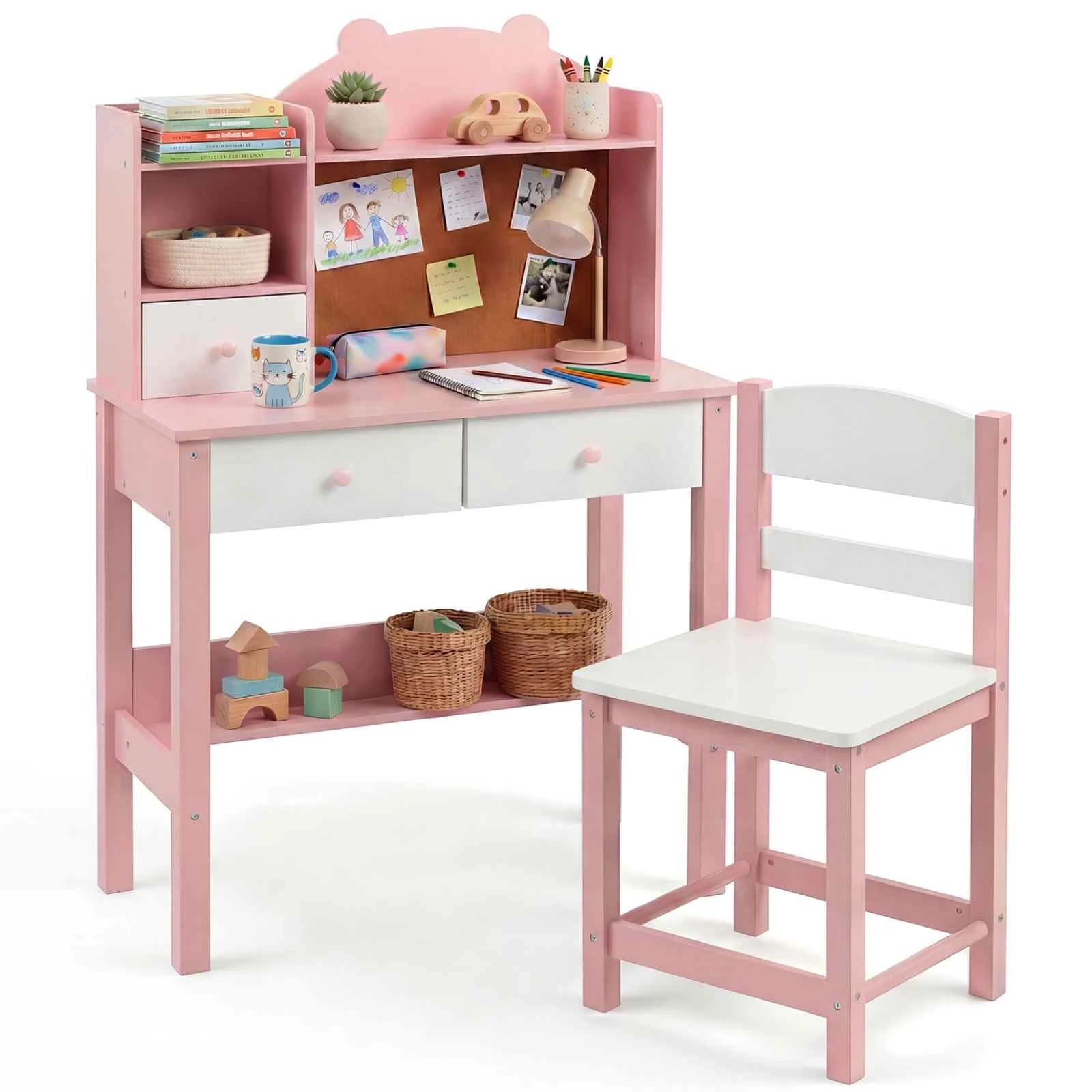 1 Costway Wooden Desk Chair Set Bear Student Writing Table Study Room w/Drawers - Pink, 1 of 4