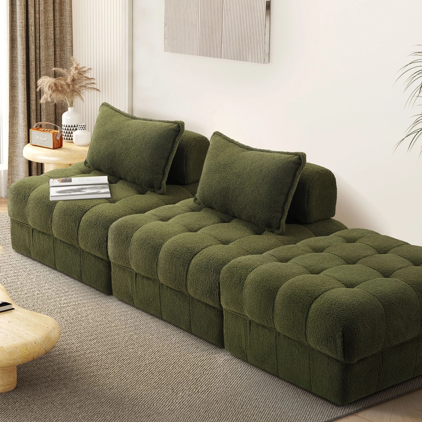 9 Oikiture 3 Seater Boucle Modular Sofa & Ottoman Set Armless Tofu Back
 - Green - Green, 9 of 10