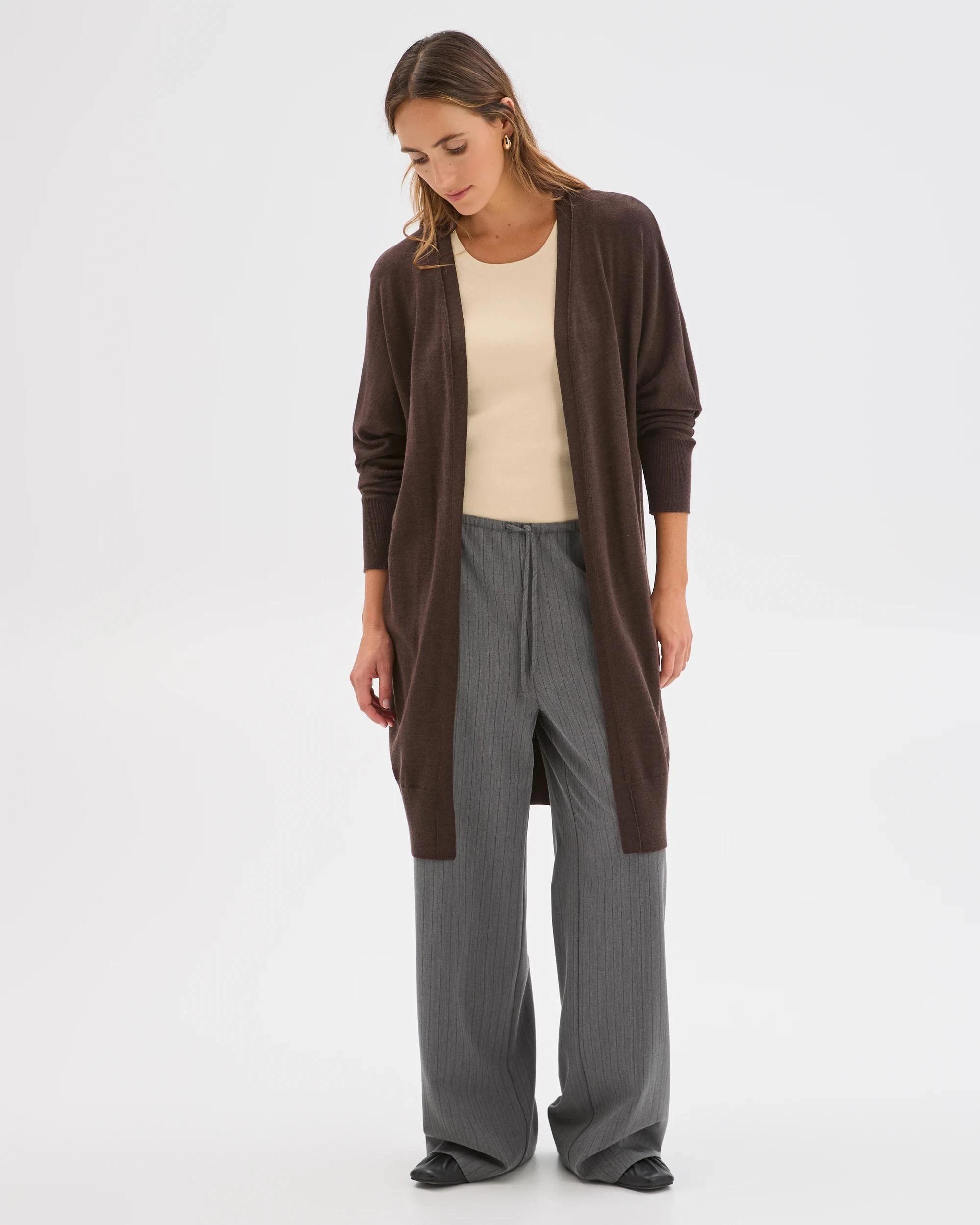 1 Preview Australian Merino Wool Long Sleeve Longline Cardigan COFFEE BEAN, 1 of 7