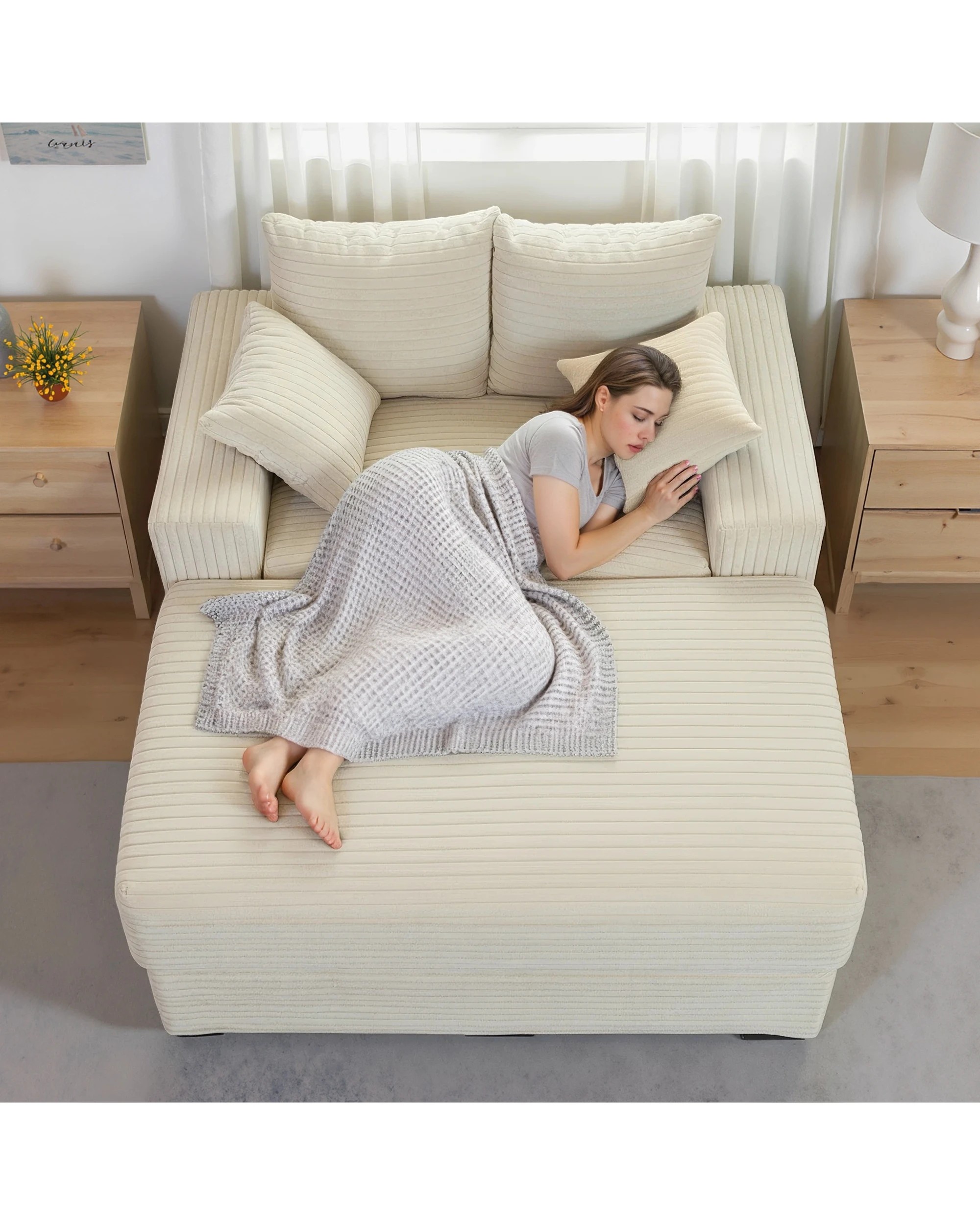 7 Advwin 148cm Chaise Lounge Chair w/ Storage Ottoman Corduroy Cloud Couch Oversized Sleeper Upholstered Sofa Bed, 7 of 9