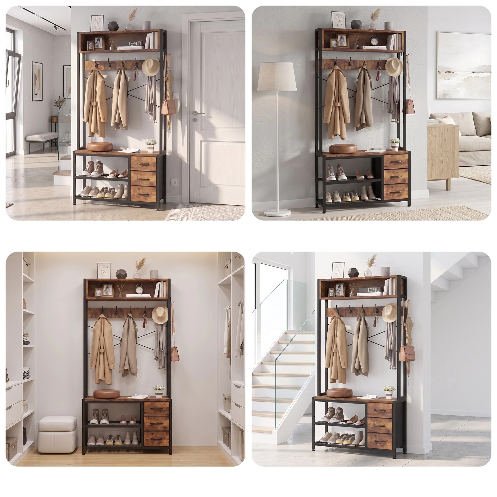 8 Advwin Entryway Coat Rack with Storage Bench 2-Tier Shoe Rack - Brown, 8 of 9