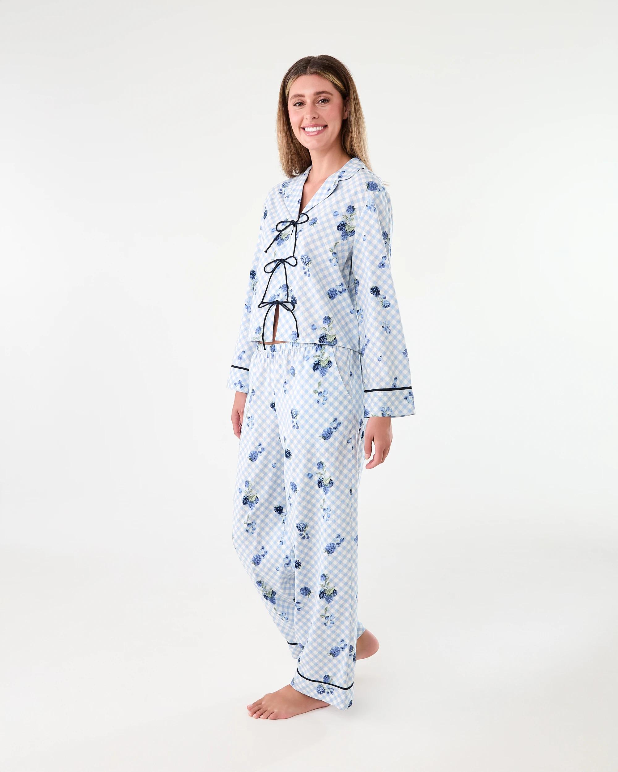 2 Cotton Long Sleeve Tie Front and Pants Pyjama Set Blueberry, 2 of 7