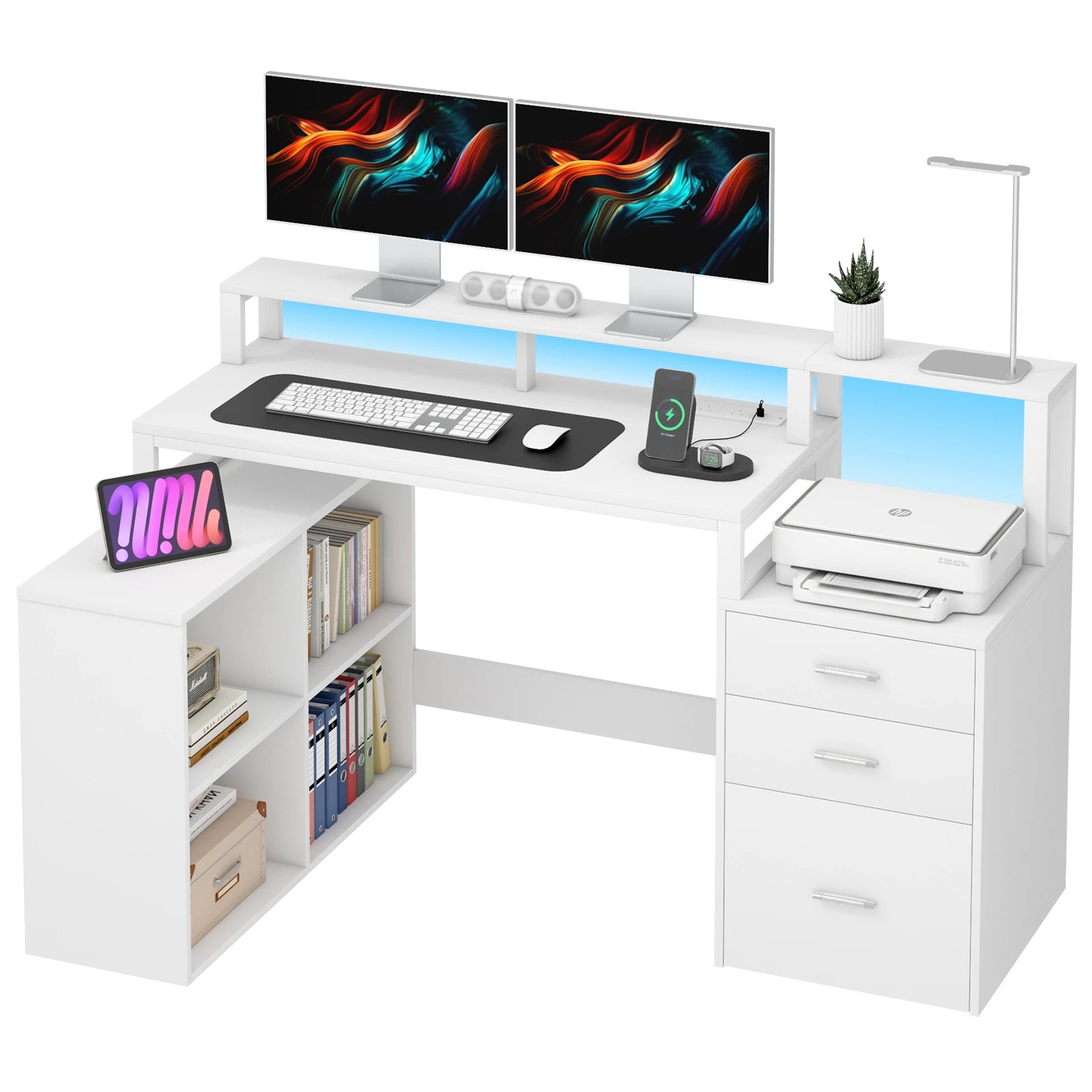 5 Advwin L Shaped Computer Desk with LED Lights & Power Outlets - White, 5 of 10