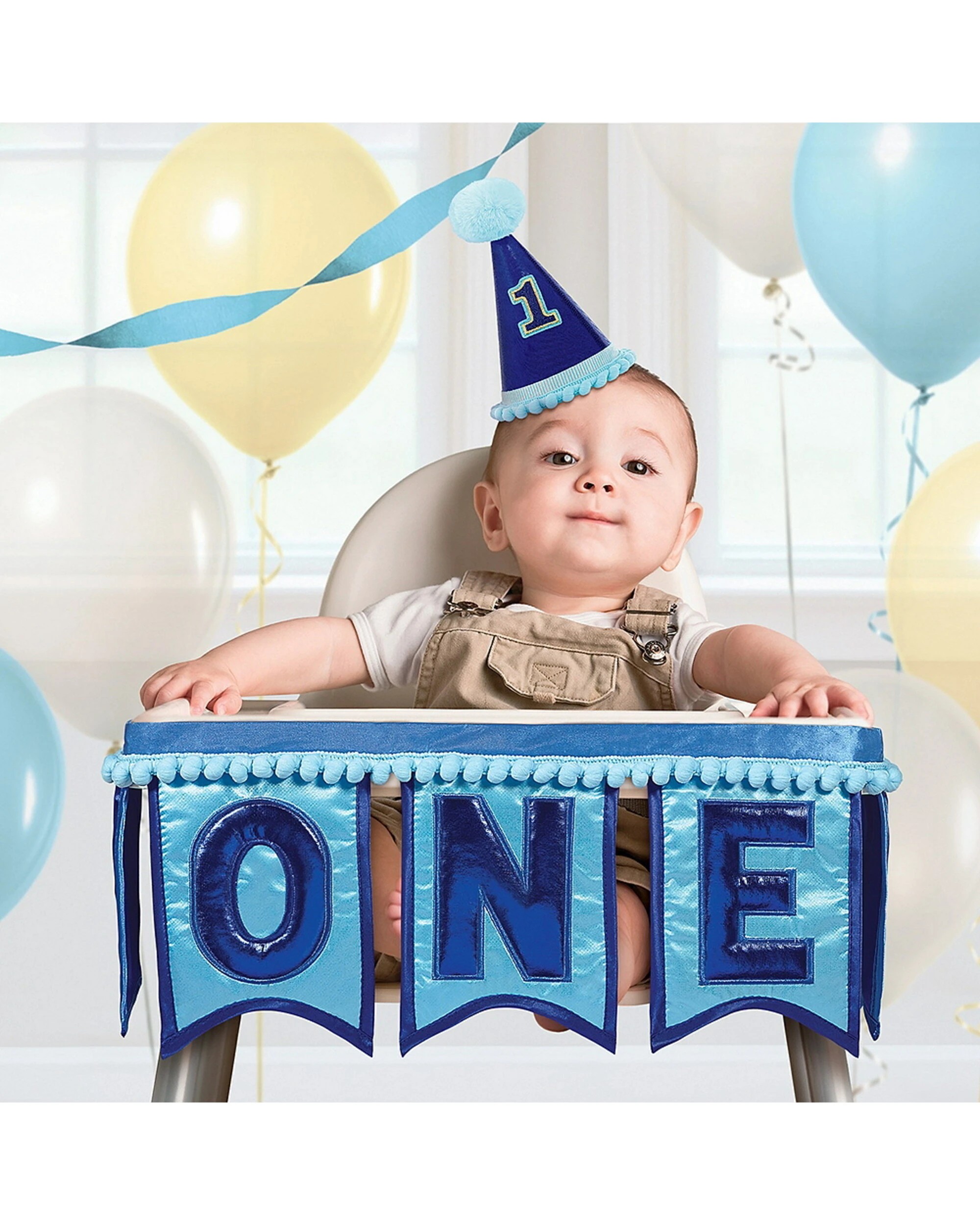 1 Amscan Boys 1st Birthday Deluxe Blue Pennant High Chair Decoration - Blue, 1 of 1