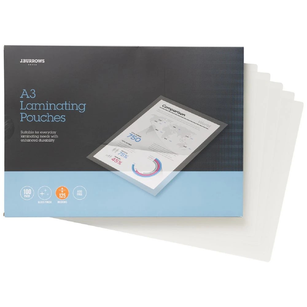 2 J.Burrows A3 Laminating Pouches 125 Micron 100 Pack Clear, 2 of 2
