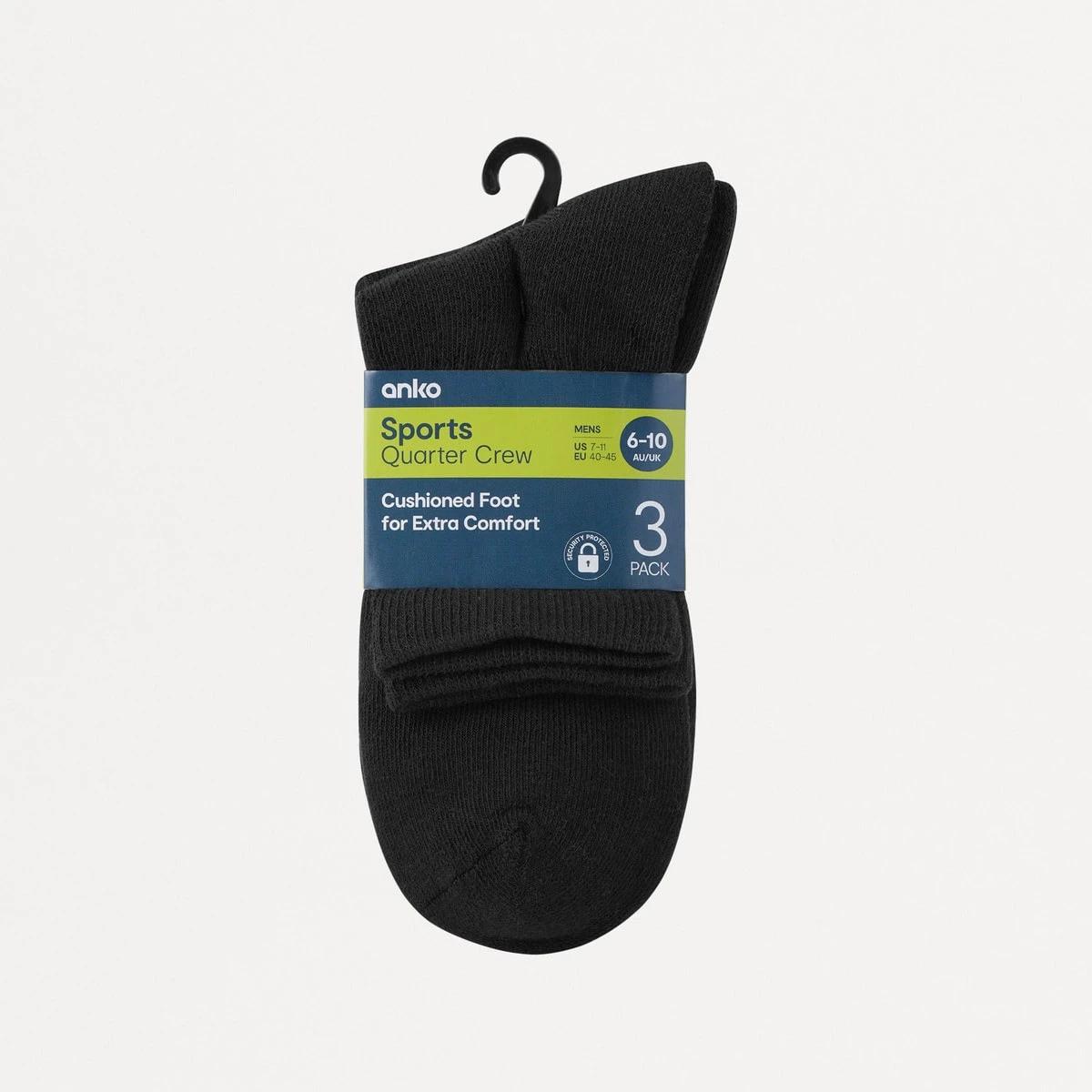 3 3 Pack Active Mens Quarter Crew Sports Socks BLACK, 3 of 3