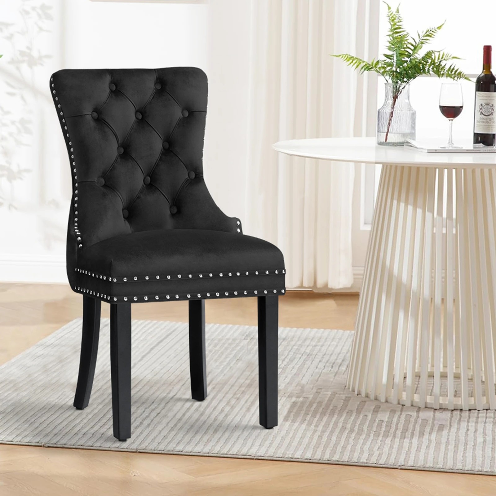 3 Alfordson 2x Dining Chair Kitchen Lounge Retro Button Tufted Wooden Velvet - Black, 3 of 10