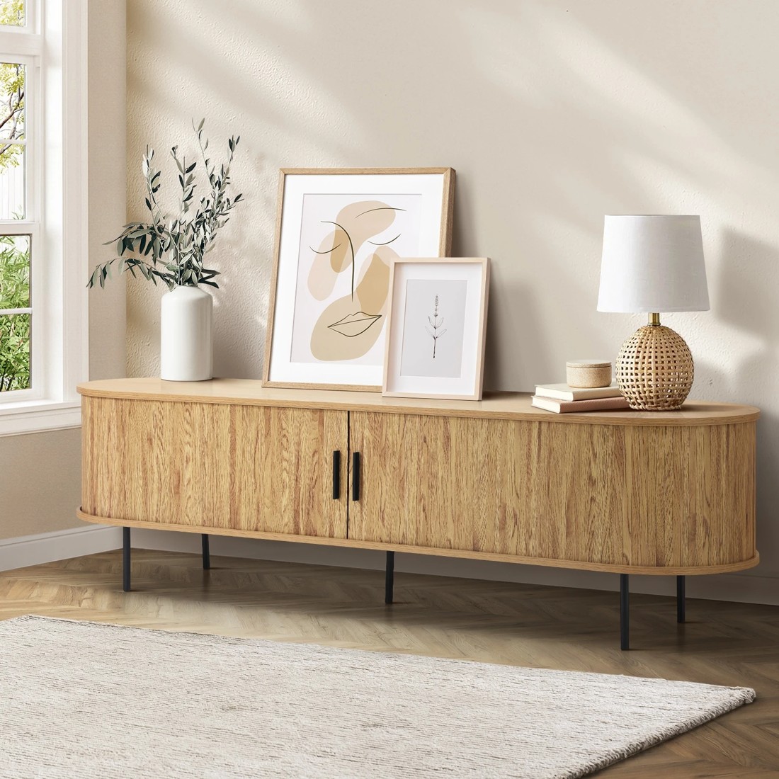 2 Oikiture Entertainment Unit Tv Cabinet 160cm Tambour Sliding Doors
 - Natural, 2 of 10