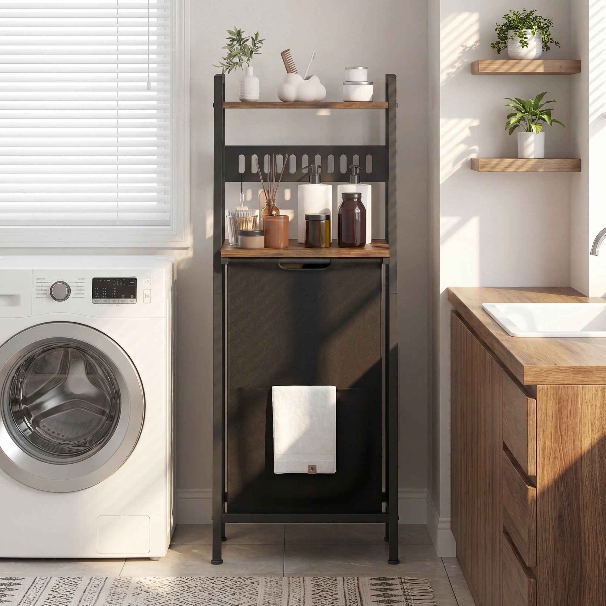 7 Advwin 54L Laundry Hamper with Wheels Shelves Hooks - Brown, 7 of 9