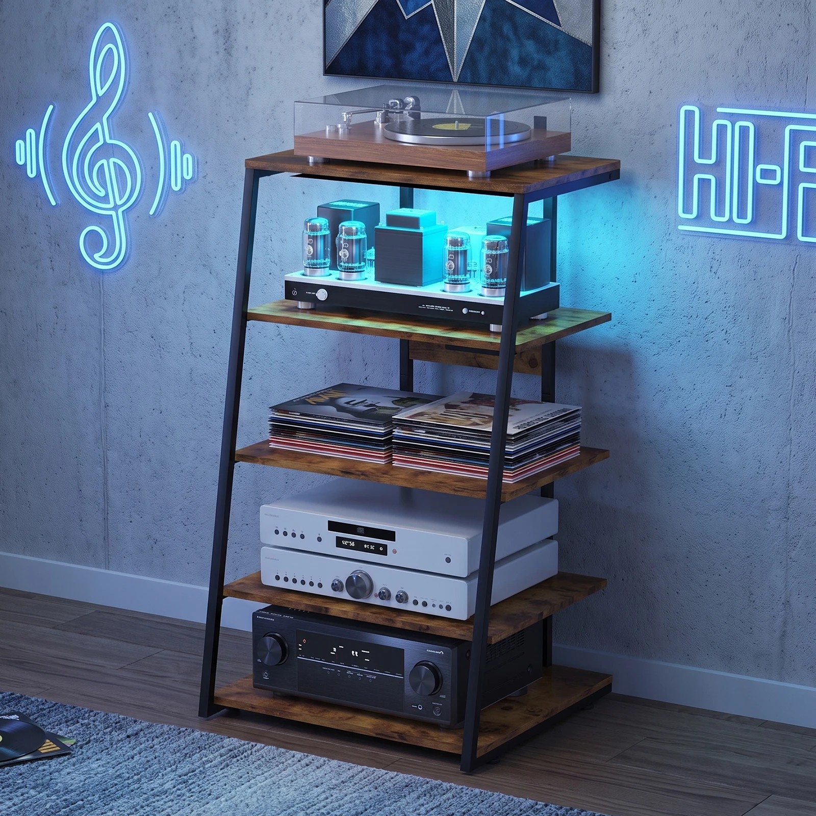 4 Advwin 5-Tier End Table with Charging Station Media Console with LED Lights - Brown, 4 of 7