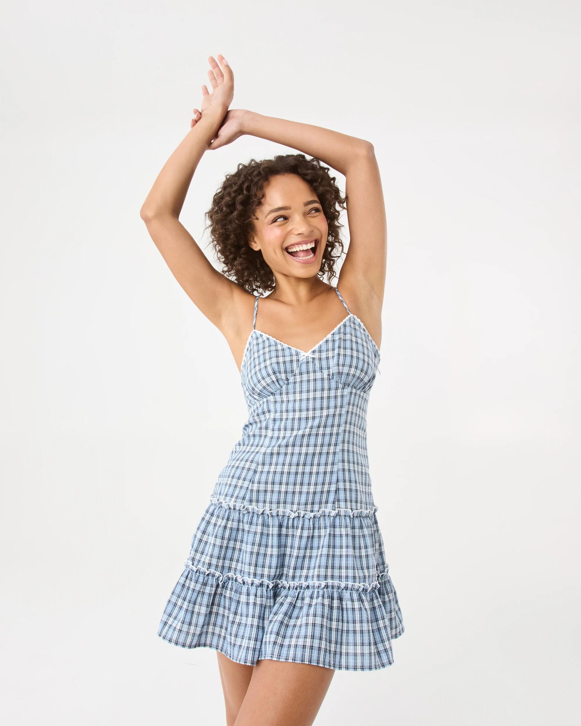 10 Sleeveless Check Print Mini Dress Blue Check, 10 of 10