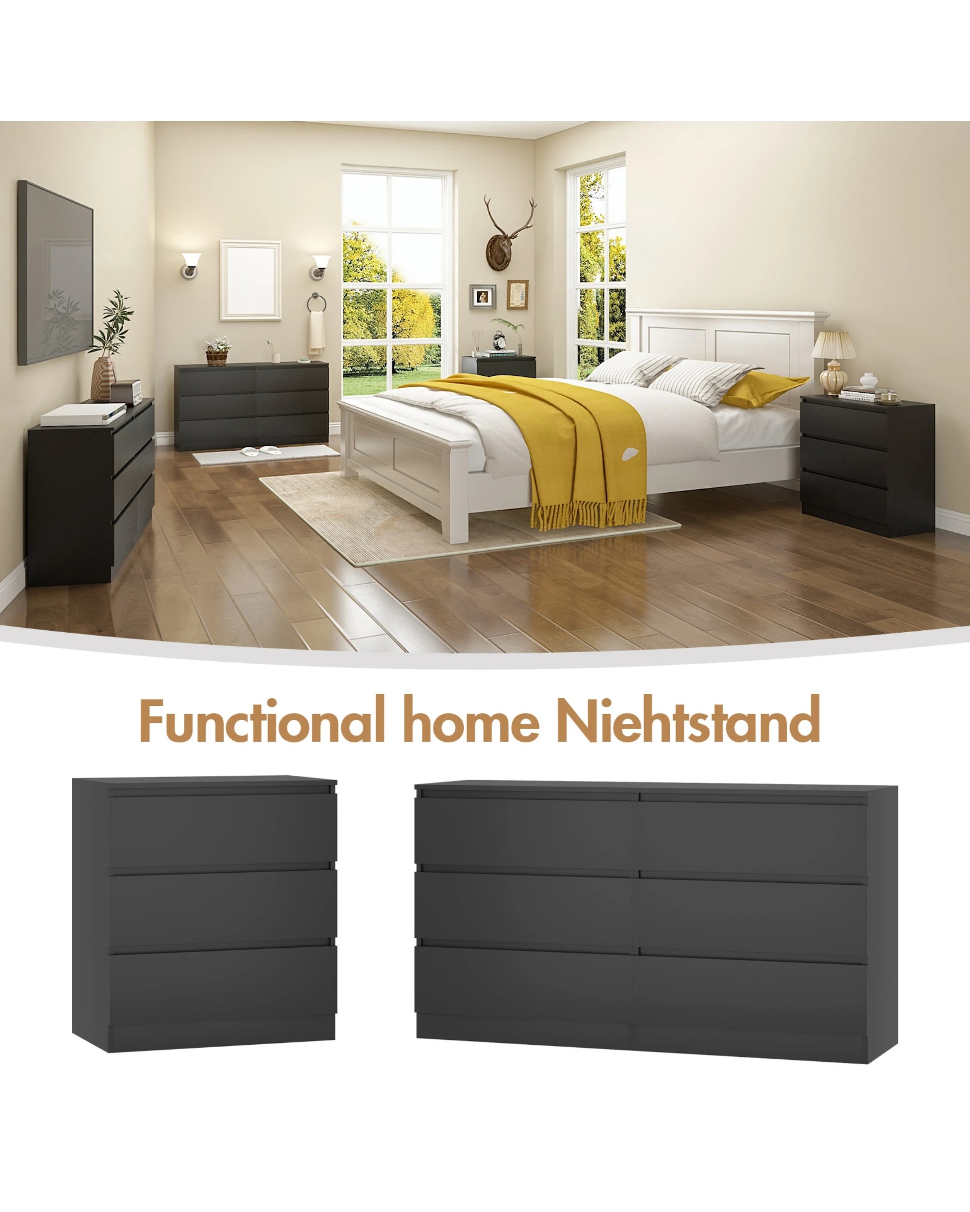 8 Advwin Bedside Table 3 Drawers Nightstand Storage Cabinet
 - Black, 8 of 8