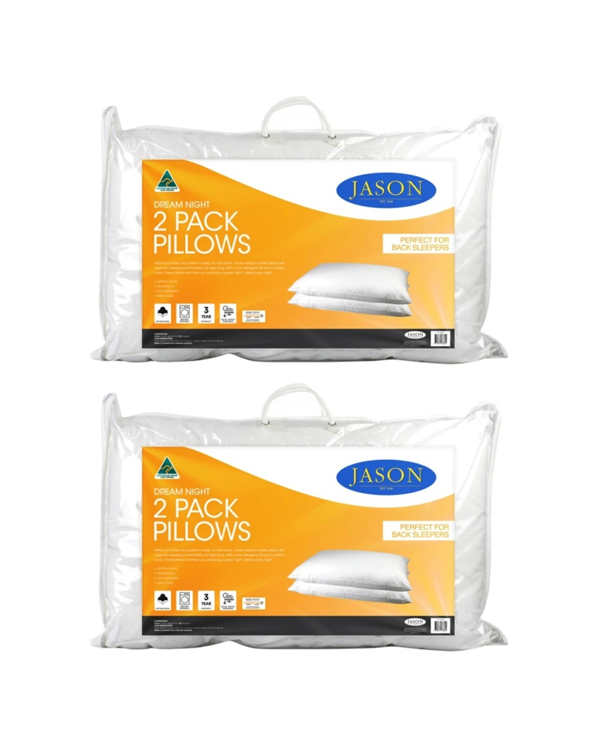 1 Jason Dream Night Pillow Medium Profile For Back Sleepers 2x 2pc 45x73 cm - White, 1 of 1