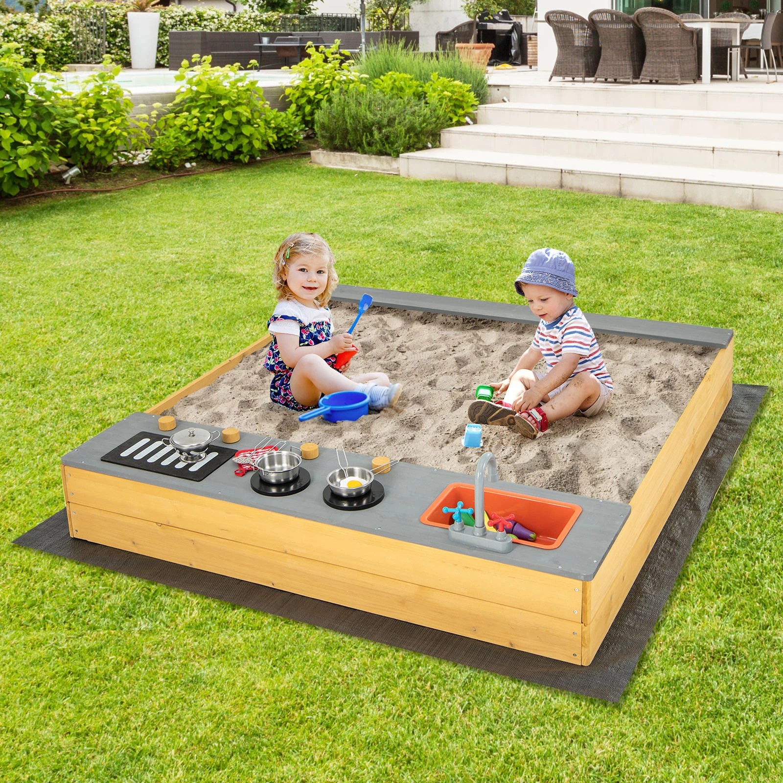 2 Costway Wooden Sandbox Garden Bed Sand Pit w/Kitchen Playset, 2 of 3