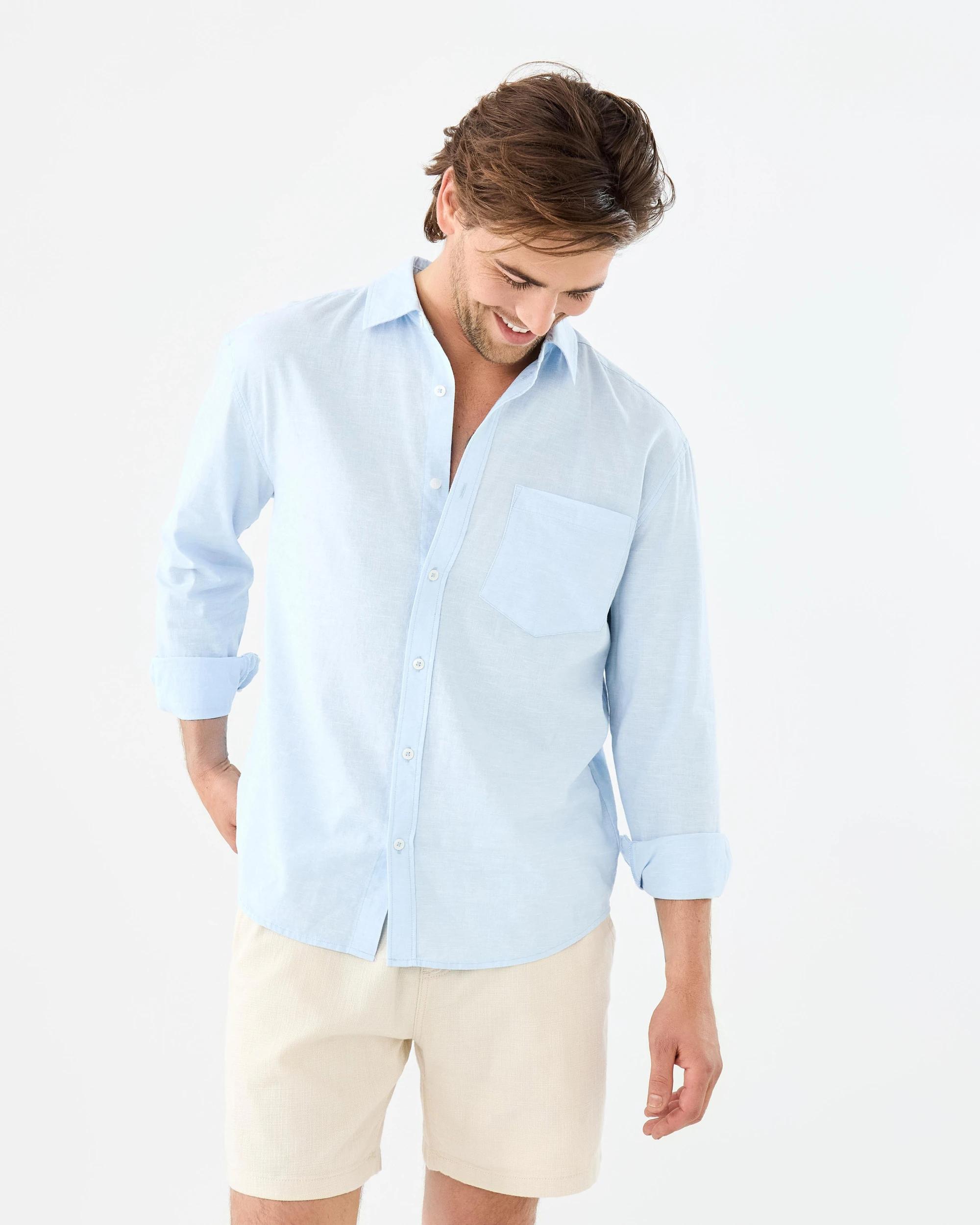 1 Long Sleeve Cotton Linen Shirt Blu Crystl, 1 of 10