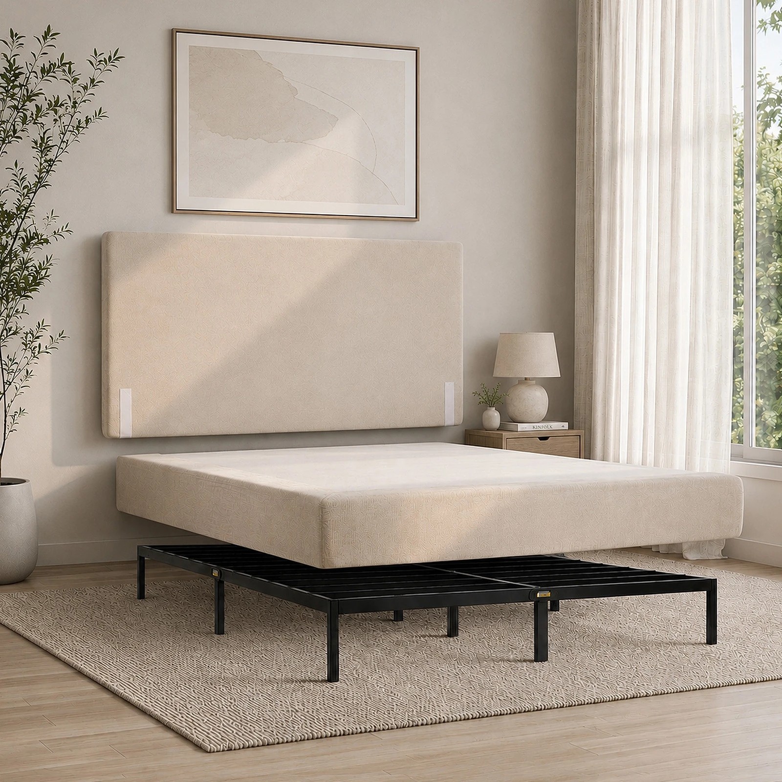 5 Oikiture Queen Semi Compressed Upholstered Fabric Bed Frame Internal Metal Base Chenille - Beige, 5 of 10