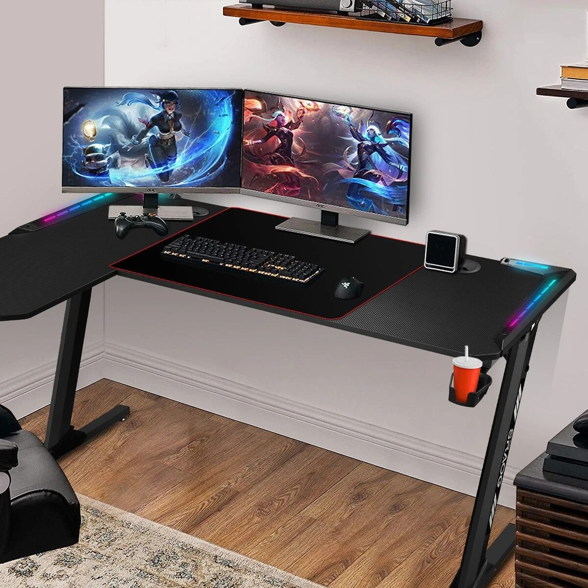 3 Ausway L Shaped Gaming Desk RGB LED Carbon Fiber 140CM, 3 of 4