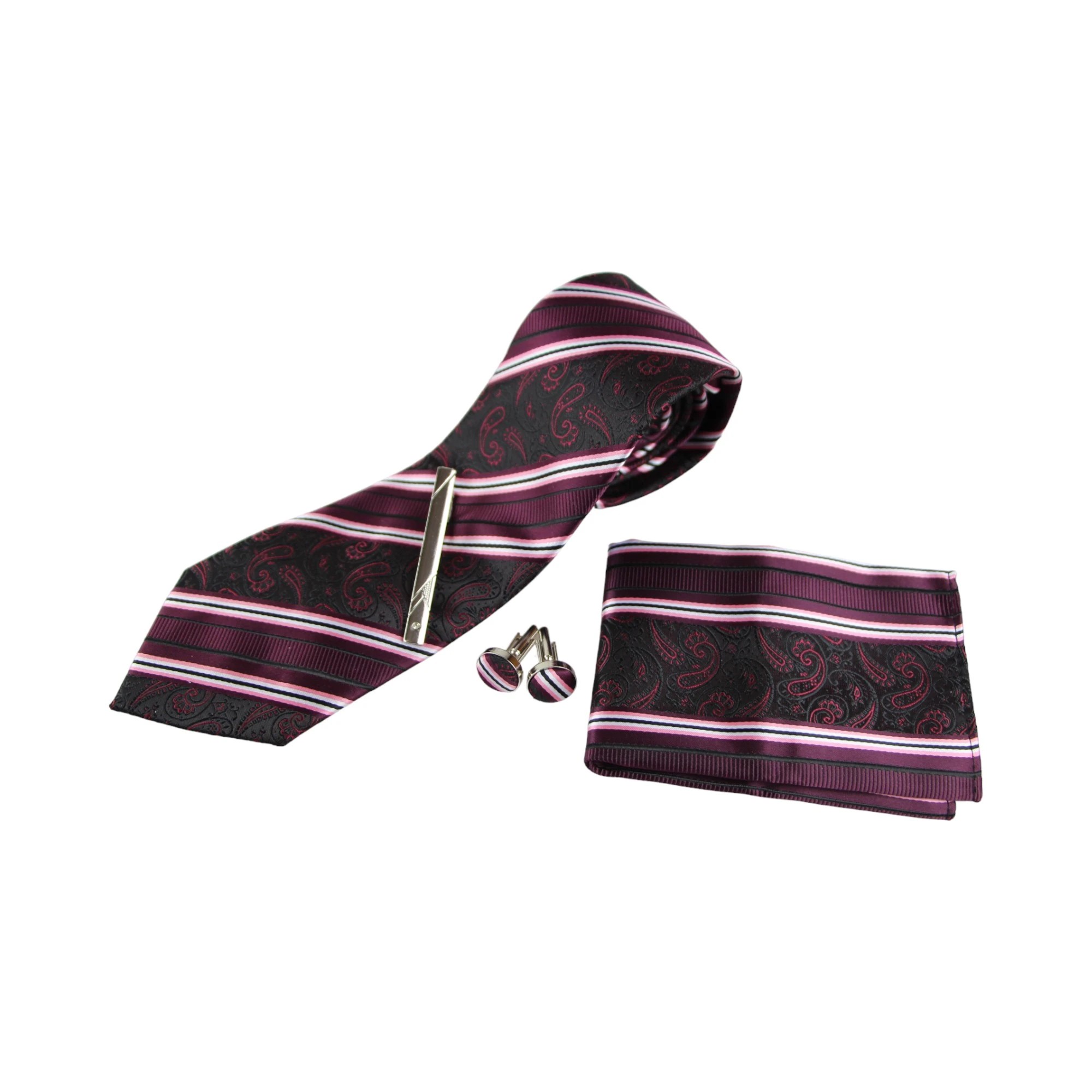 3 Zasel Mens Burgundy Boho Paisley Striped Matching Neck Tie, Pocket Square, Cuff Links And Tie Clip Set - Multi, 3 of 3