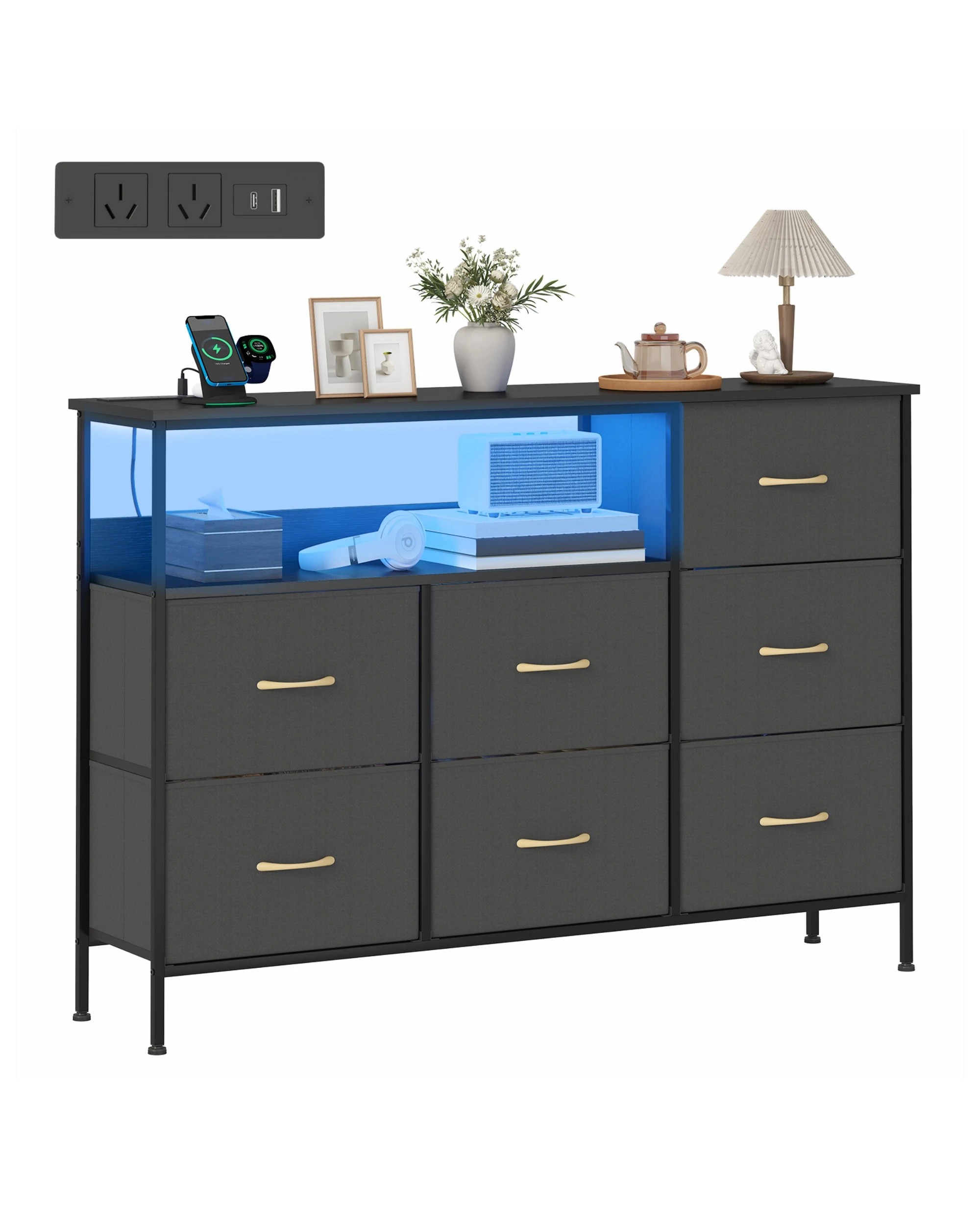 9 Advwin Chest of 7 Drawers?with Open Shelf Storage Charging Station & LED Lights - Black, 9 of 10
