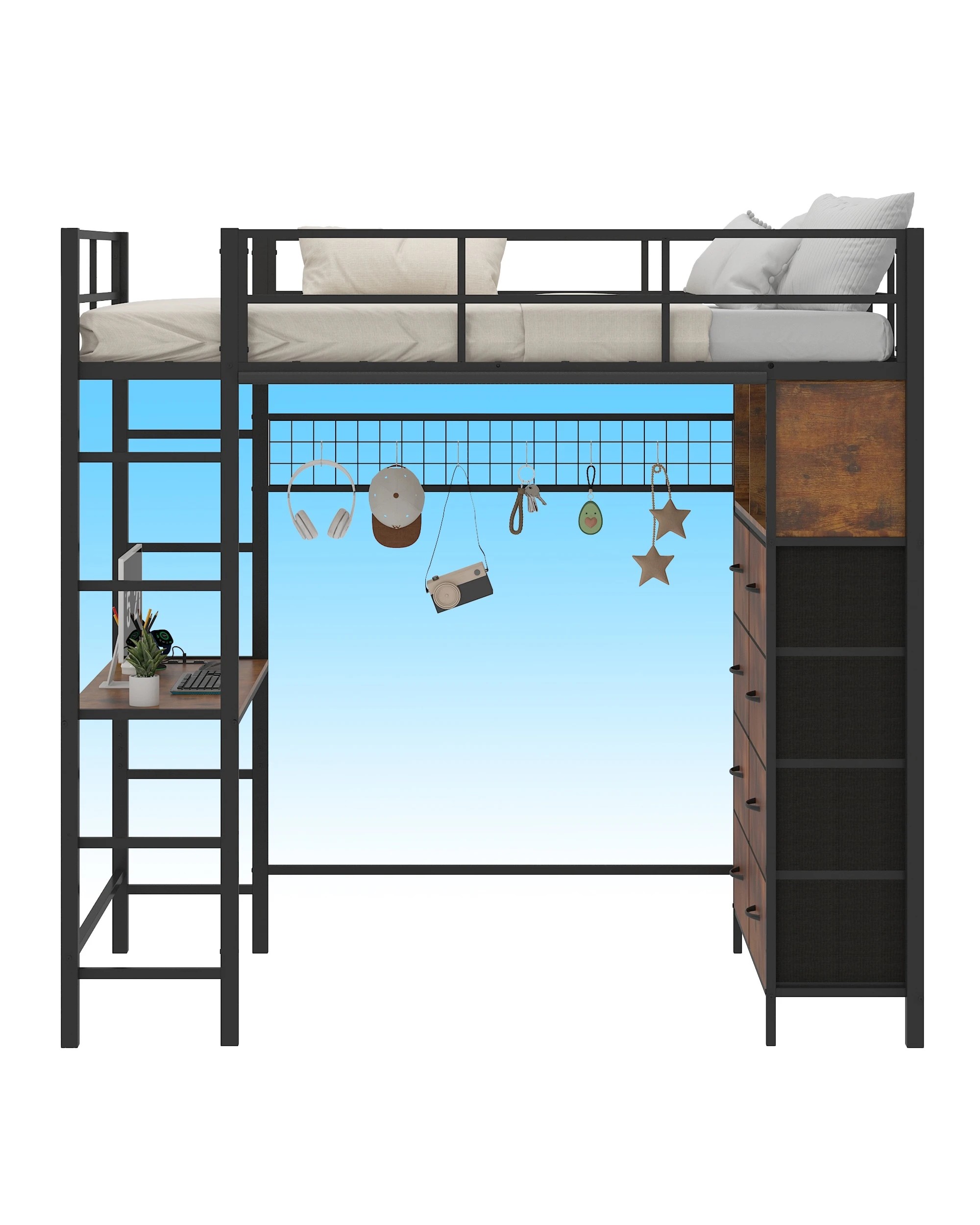 4 Ufurniture Single Loft Bunk Bed with LED Power Outlet Desk Storage Dual Ladder - Brown, 4 of 9