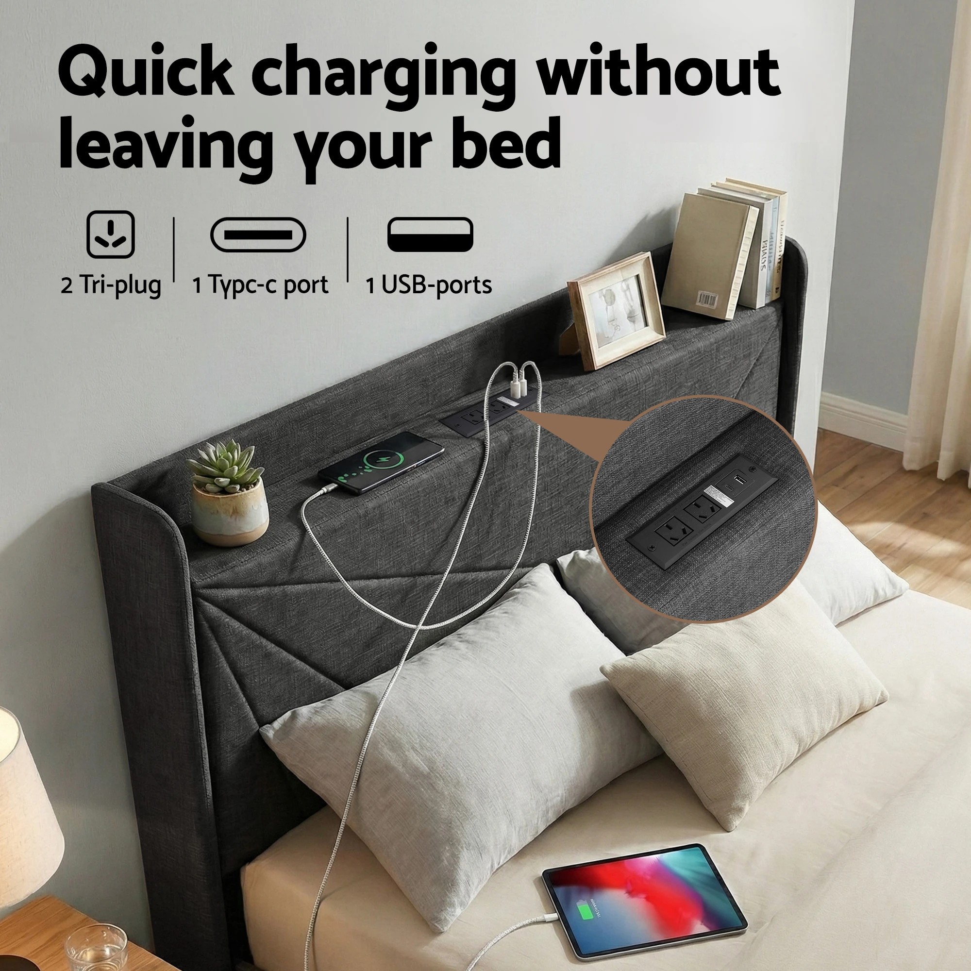 5 Artiss Double Bed Frame Gas Lift Storage Bed with Charging Ports Upholstered Geometric Headboard Charcoal - Black, 5 of 9