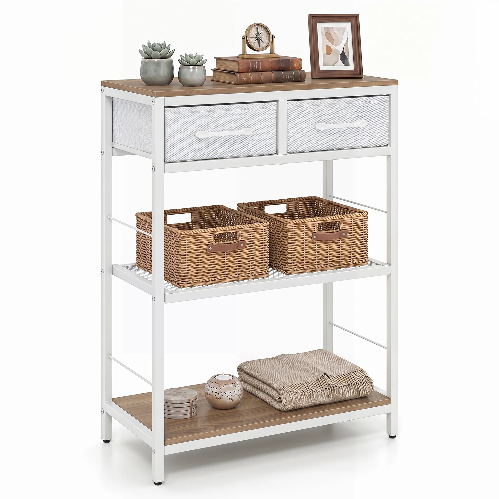 5 Costway 3-Tier Narrow Console Table w/2 Fabric Drawers Behind Sofa Table - Natural, 5 of 6