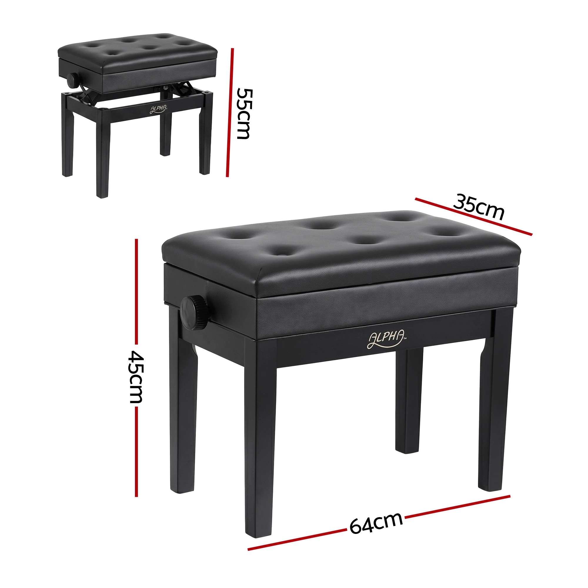 3 Alpha Adjustable Piano Bench Wooden Keyboard Seat Padded Music Chair - Black, 3 of 7