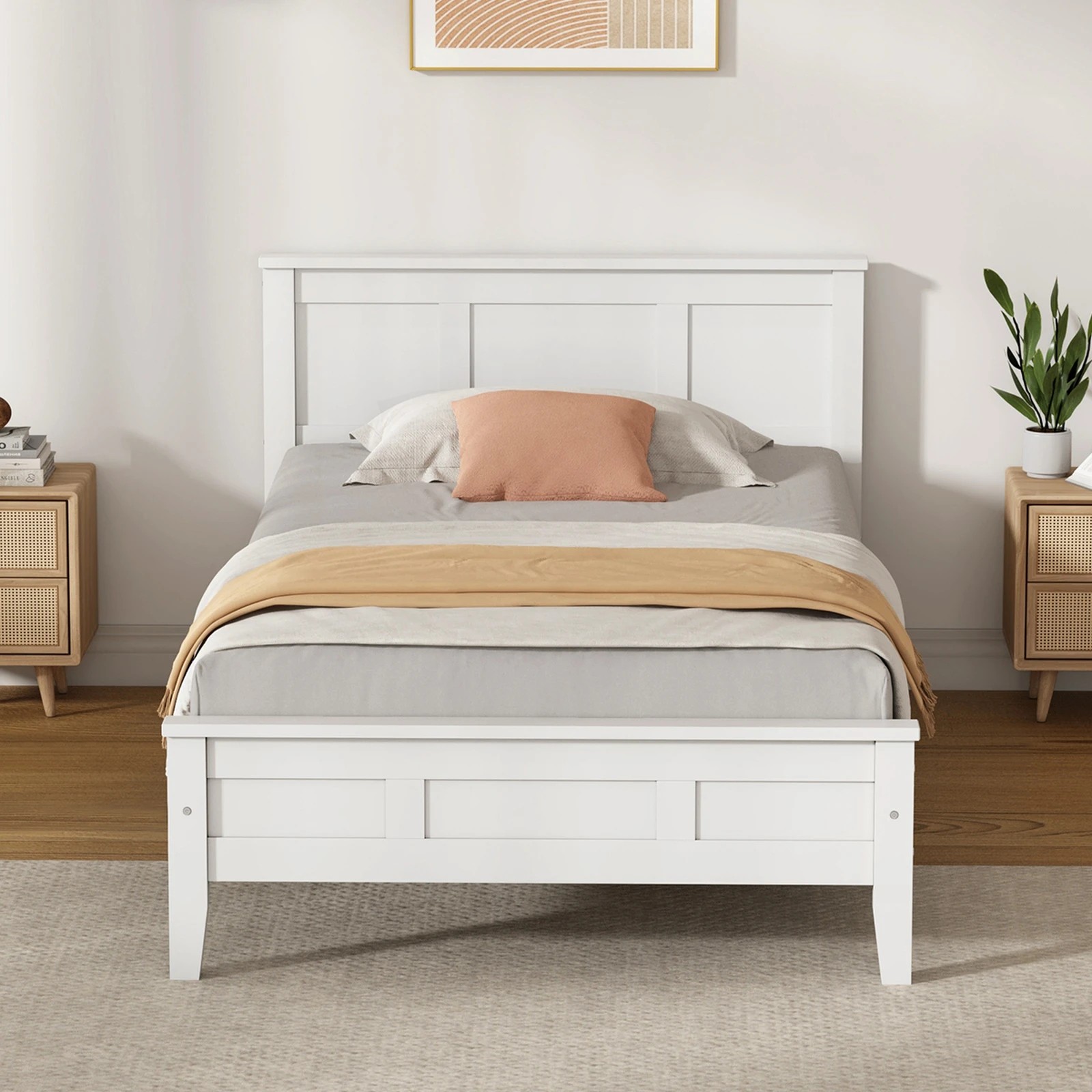 4 Oikiture Single Wooden Bed Frame with Slatted Base Headboard Pine Timber Single - White, 4 of 9