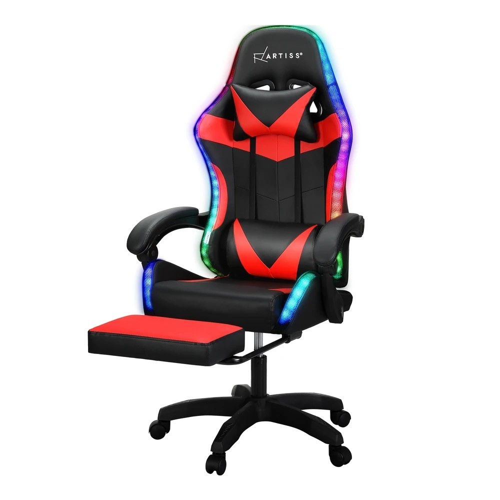 1 Artiss 6 Point Massage Gaming Office Chair 7 LED Footrest - Multi, 1 of 6